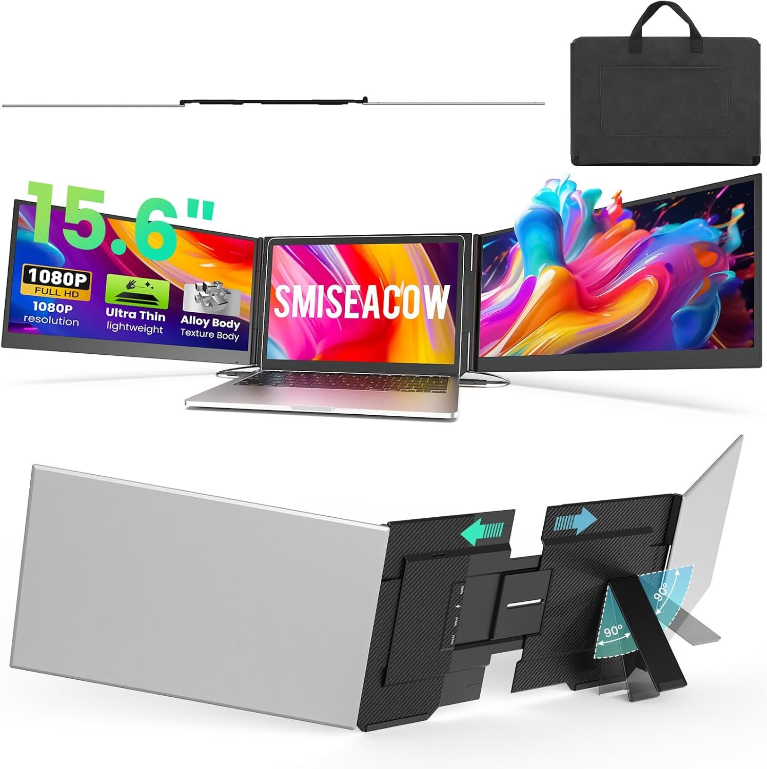 SMISEACOW Triple Laptop Screen Extender 15.6″, 1080P FHD IPS 0.18″ Ultra-Slim & 3.9 lbs, Plug-Play Portable Triple Monitor for Laptops Fits 13-17.3″ Laptops, Compatible with Win/Mac/Android