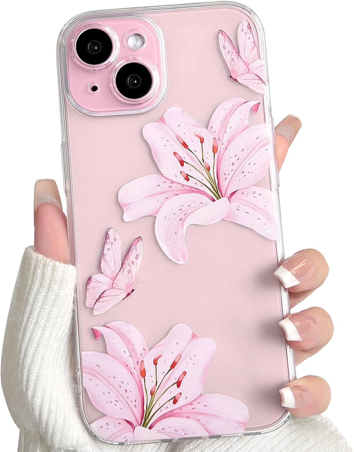 NITITOP Compatible with iPhone 15 Case Clear Cute Butterfly Lily Flower Floral Pattern for Women Girls Full Camera Lens Clear Slim Shockproof Protective Phone Cover – Pink