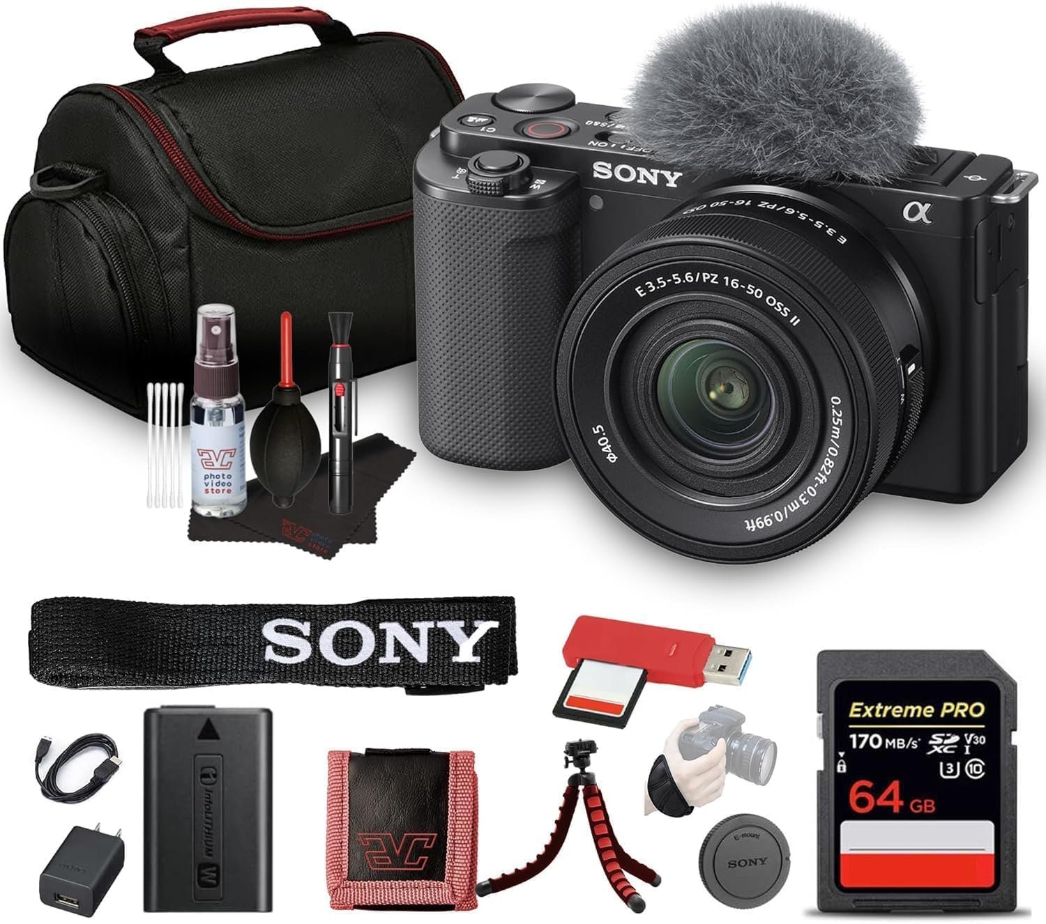 Sony ZV-E10 Mirrorless Camera Kit with 16-50mm II Power Zoom Lens (Black) | APS-C Sensor | Compact Creator Tool + 64GB Card + Bag + Card Reader + HDMI Cable + Flex Tripod + Hand Strap + More