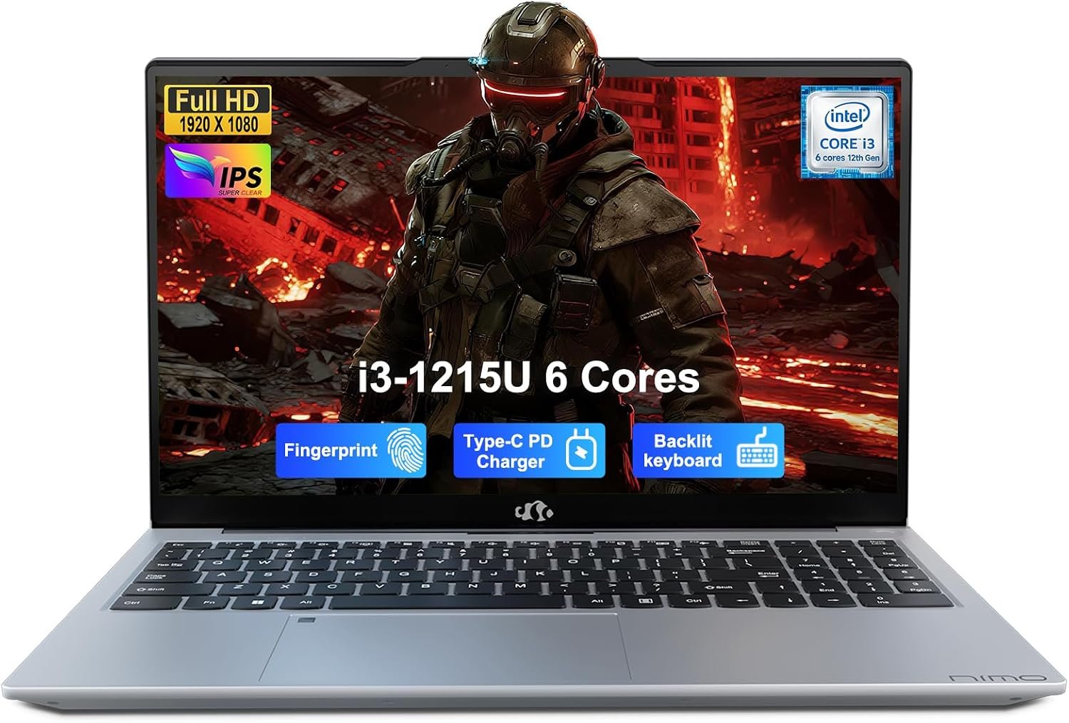 NIMO 15.6″ IPS FHD-Student-Laptop, Intel i3-1215U (6 Cores Up to 4.4 GHz, Beats R5 7520U) 8GB RAM 128GB SSD with 65W Fast PD 2-Yr Warranty 180° View Wi-Fi 6 Backlit KB Fingerprint Bluetooth 5.2 Win 11