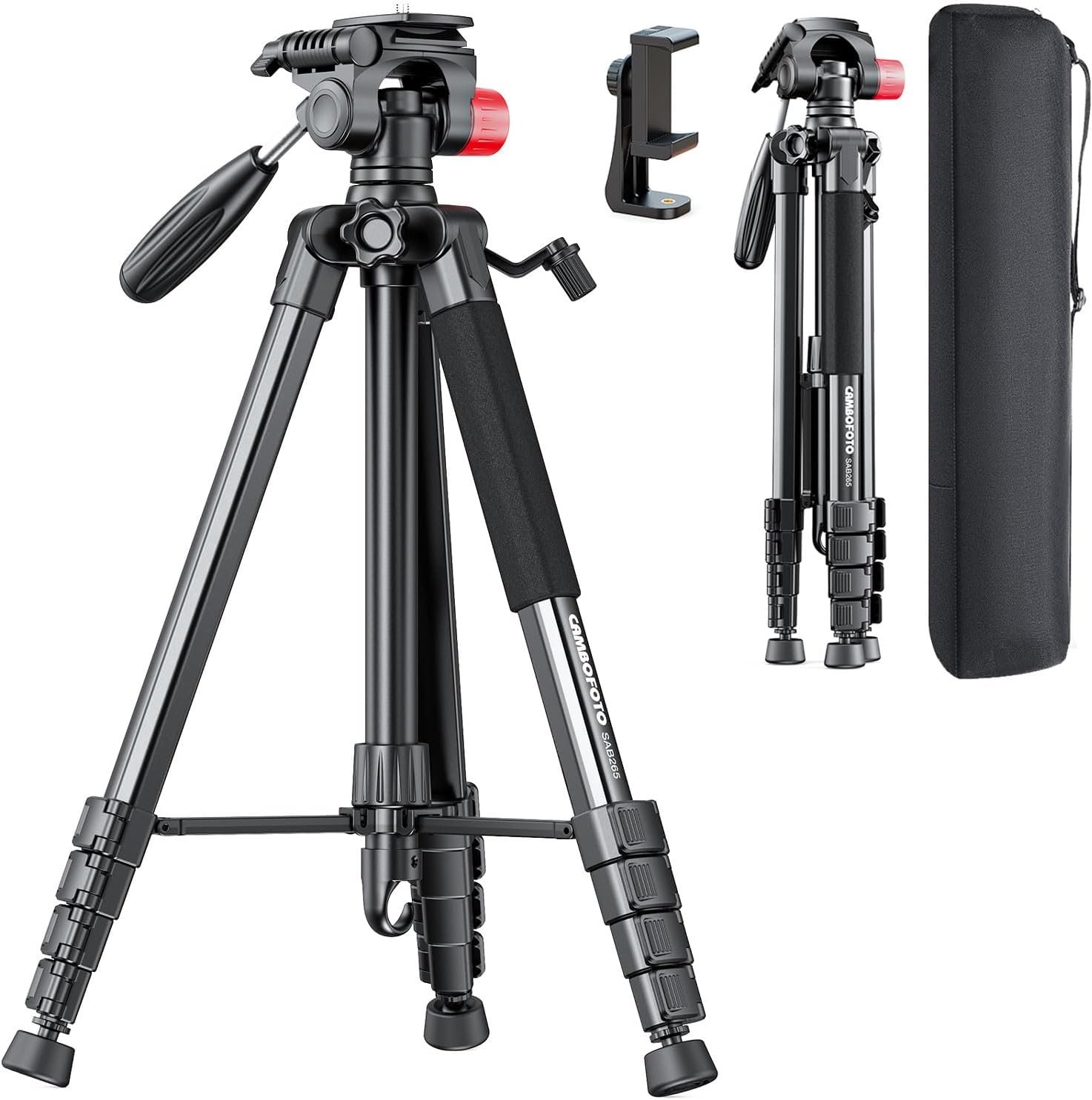 CAMBOFOTO 74″-Camera-Tripod, Porfessional Aluminum Heavy Duty Tripod Stand for Mirrorless Camera/DSLR/Cell Phone/Camcorder, with Holder and Travel Bag