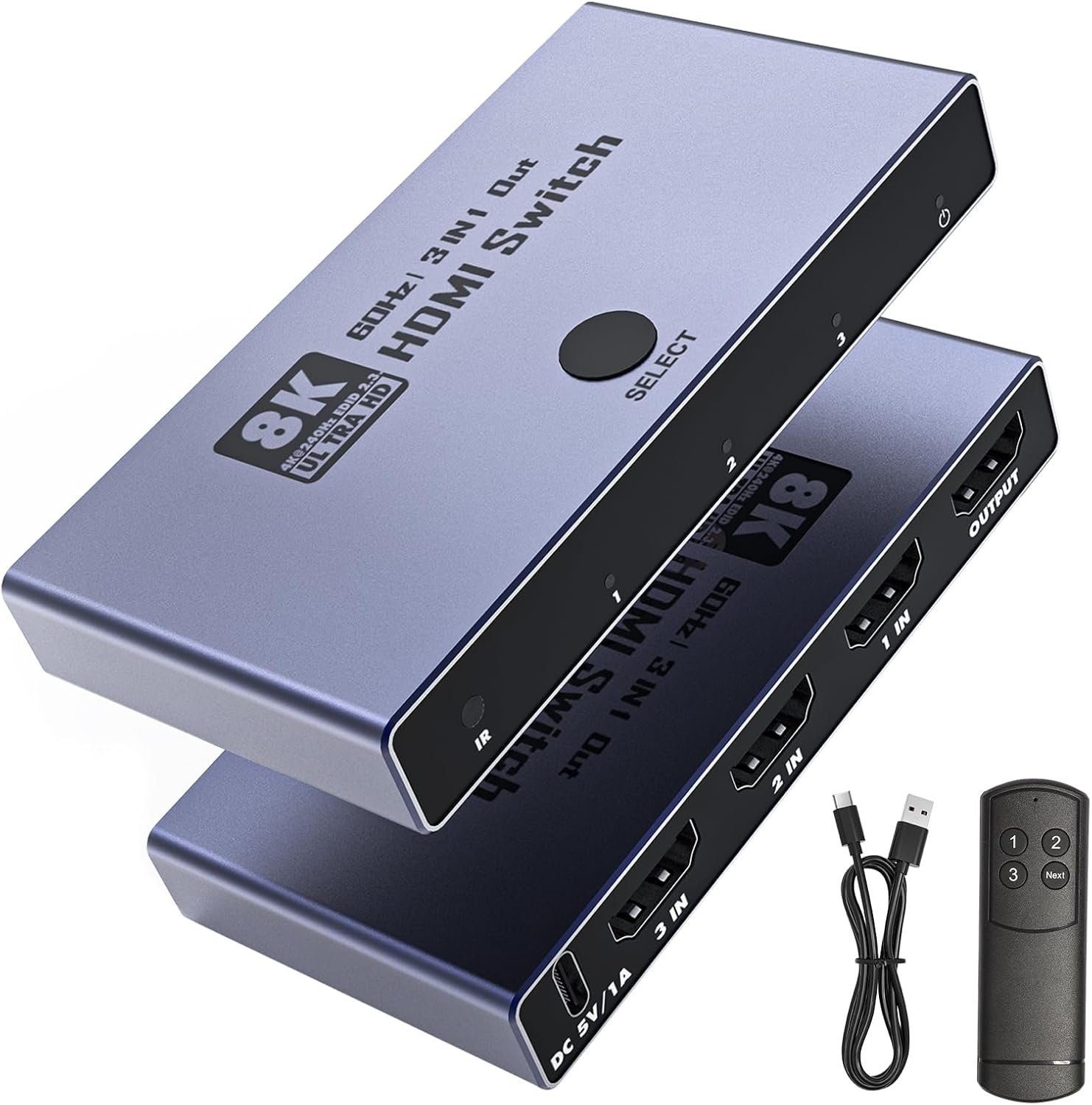 HDMI 2.1 Switch 3 in 1 Out, 8K@60Hz 4K@240Hz/120Hz 48Gbps, HDMI Switcher with Remote & Detection-Switching, VRR HDR10+ Dolby Vision/Atmos CEC HDCP2.3, Aluminum Alloy HDMI Selector