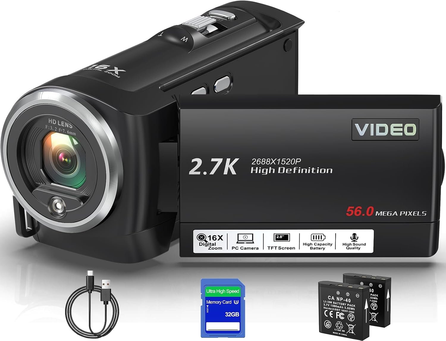 Video Camera Camcorder, QHD 2.7K 56MP 16X Digital Vlogging Camera with LED Fill Light for YouTube, 2.8” 270° Rotation Screen Camcorder Camera with 32GB Card and Two Batteries