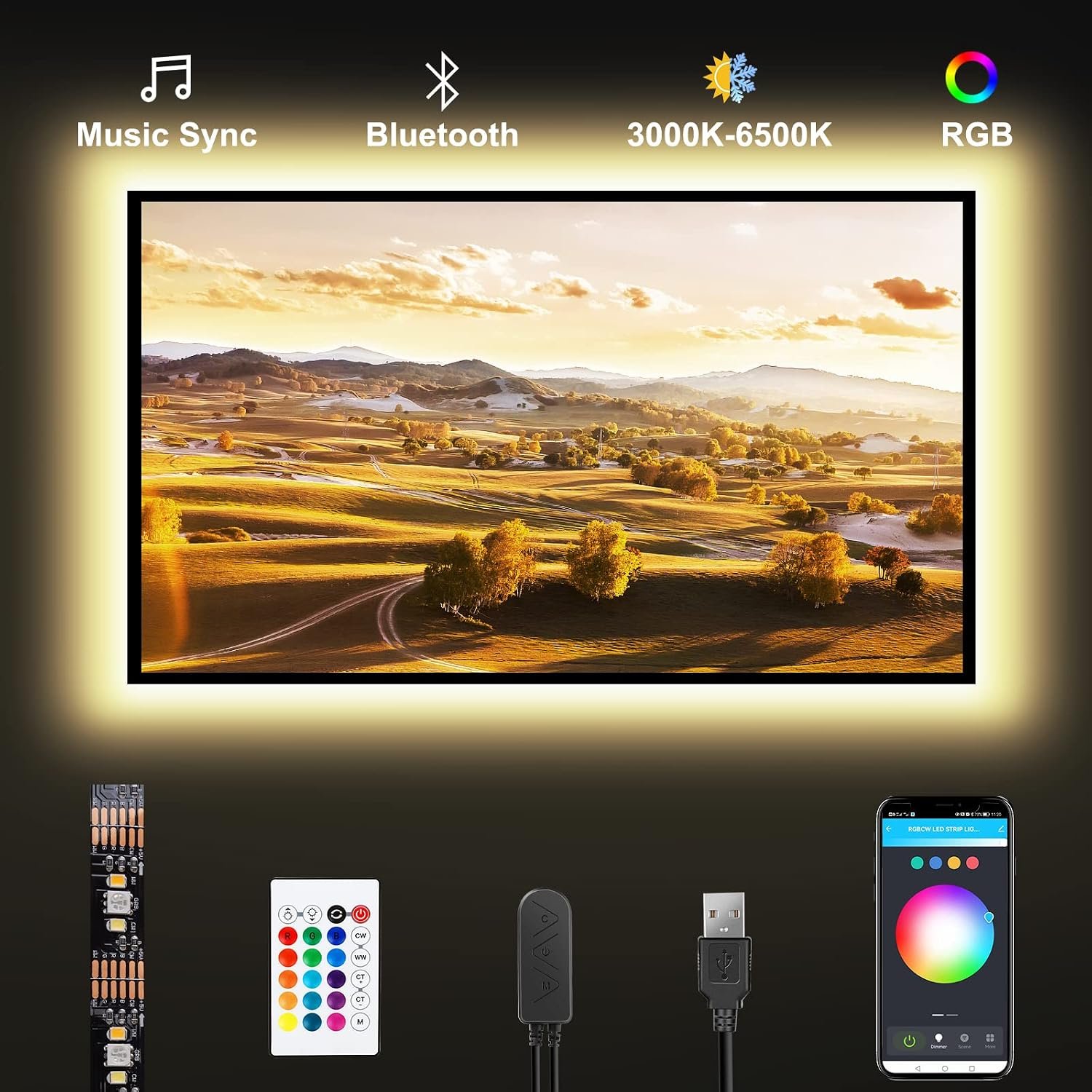 Tatazone Bluetooth RGBWW LED Lights for 60-65 Inch TV with App Control, RGB+Tunable White 3000K-6500K TV LED Backlight with RF Remote, Music Sync Indoor for TV, Gaming
