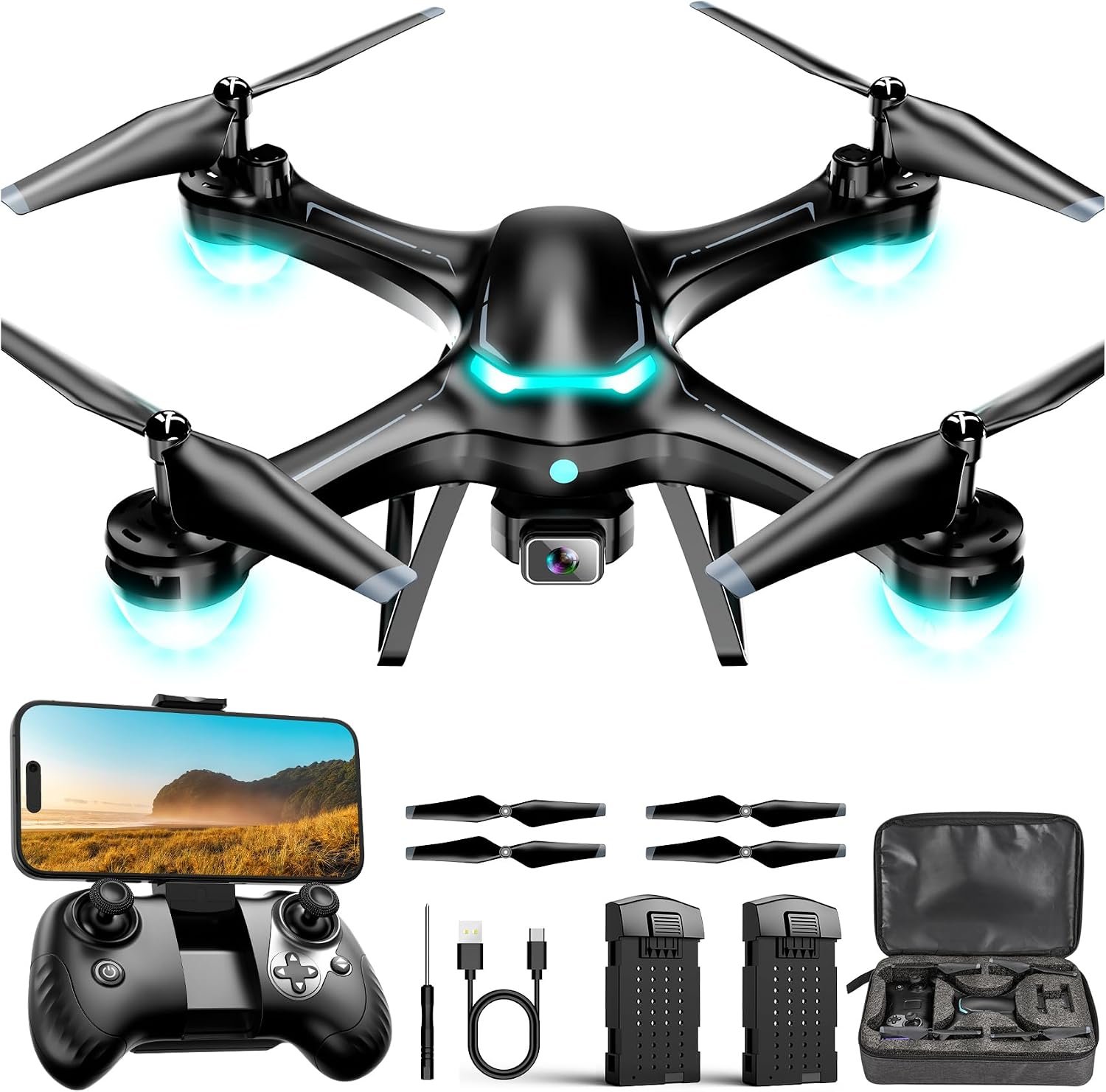 Drone with 1080P Camera, Remote Control Quadcopter with Gesture Selfie, Altitude Hold, One Key Start, 3D Flips, 2 Batteries, Black