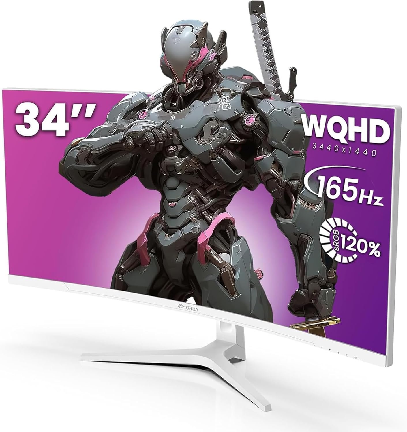 CRUA 34” White Gaming Monitor 165Hz/144Hz, 21:9 1500R Ultrawide Curved Monitors, WQHD 3440×1440 120% sRGB VA Computer Display Support FreeSync, PIP/PBP, HDMI2.0 & DP1.4, Wall Mount&Tilt Adjustable