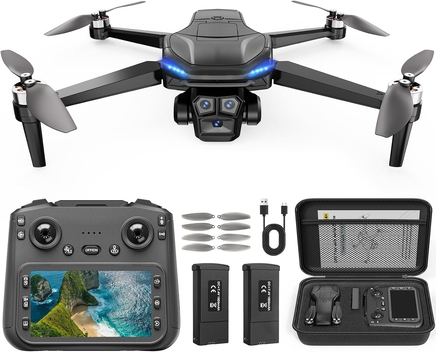 GPS Drone with Camera for Adults – 4K Drone with 4.5” FPV Screen Controller, 60 Min Flight, Brushless Motor Foldable Quadcopter, Auto Return, Follow Me, 3 Speed Modes for Beginners – Gift Under 249g