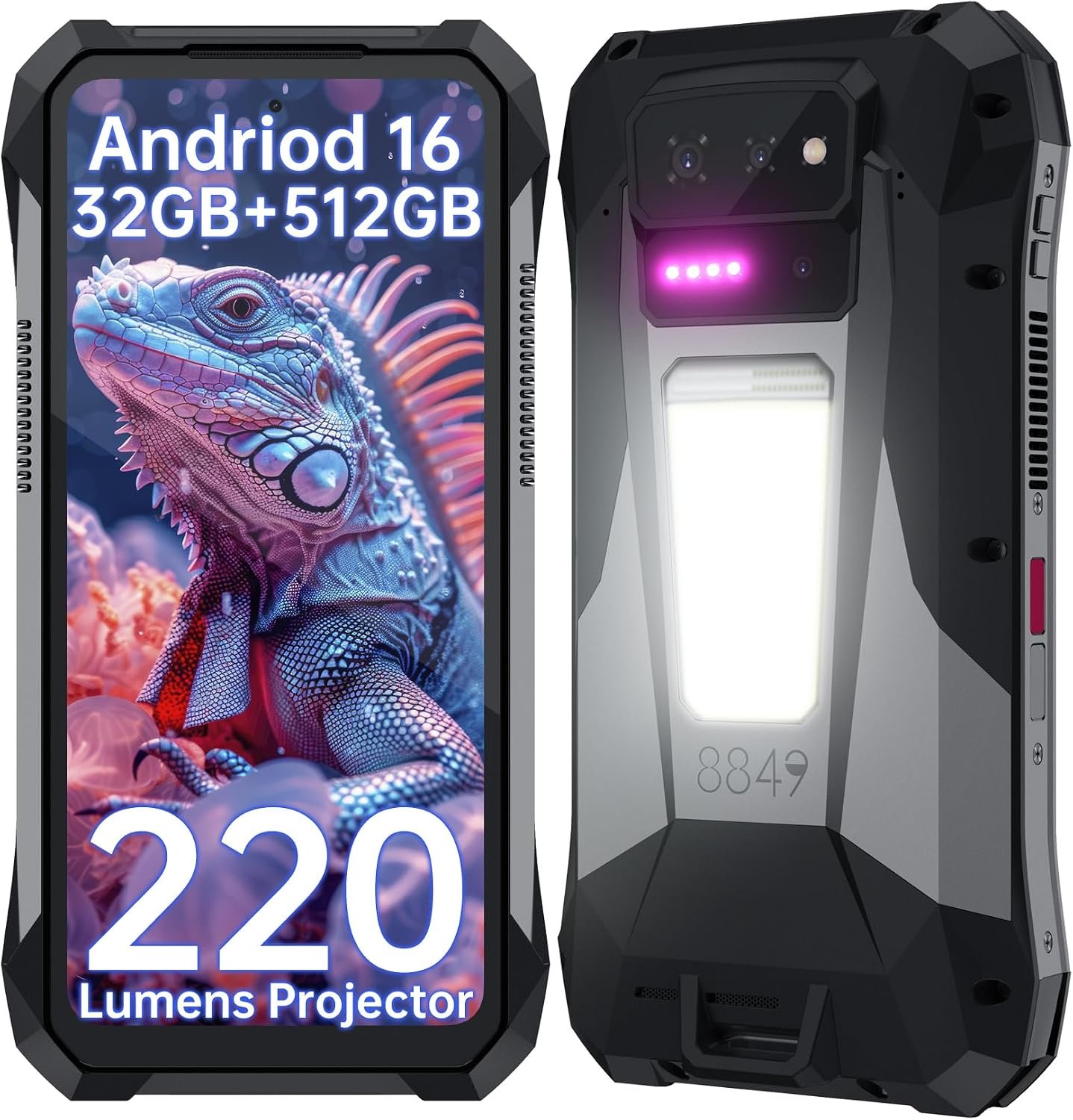 8849 Tank X Phone 5G, Android 16 Rugged Smartphone with 220LM Projector | 6.78’’, Durable OTG Work Celular 512GB, IP68 Waterproof, Large Battery Unlocked Mobile Cell Phones for Outdoor Camping Hiking