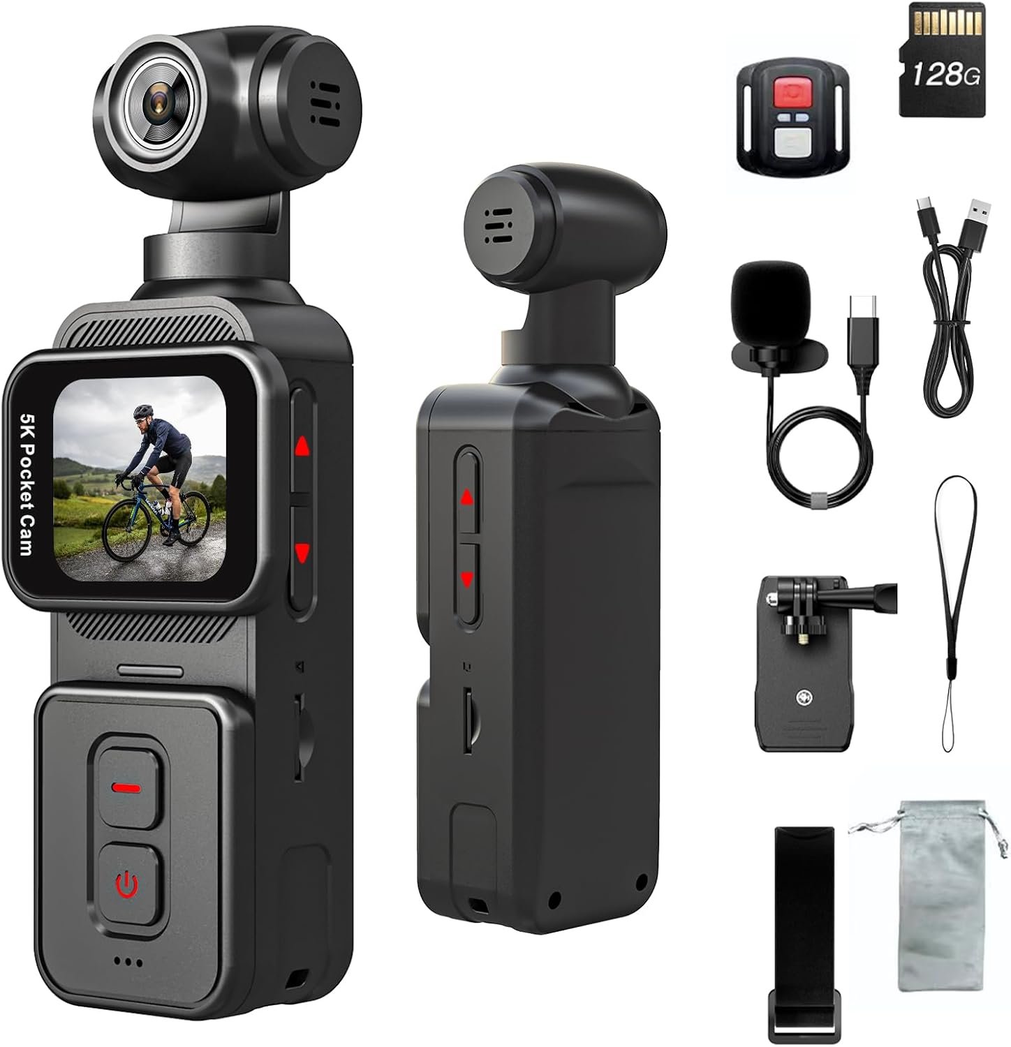5K Pocket Vlogging Camera Body Camera with Microphone, 5K/20FPS and 4K/60FPS, 1.69” Touchscreen, 270° Rotating Lens, Face Tracking, Wi-Fi, 6-Axis Stabilization, for YouTube, Travel, Work (128GB)