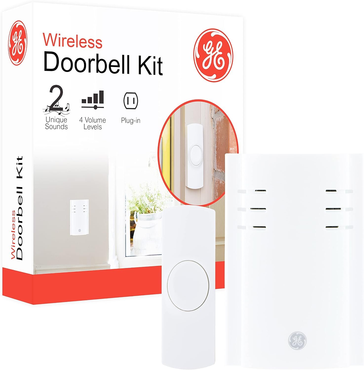 GE Wireless Doorbell Kit, Plug-In Receiver, 1 Push Buttons Door Bell, 2 Melodies Doorbell Chime, 4 Volume Levels, Classroom Doorbell, 150 Ft Range, White, 19298