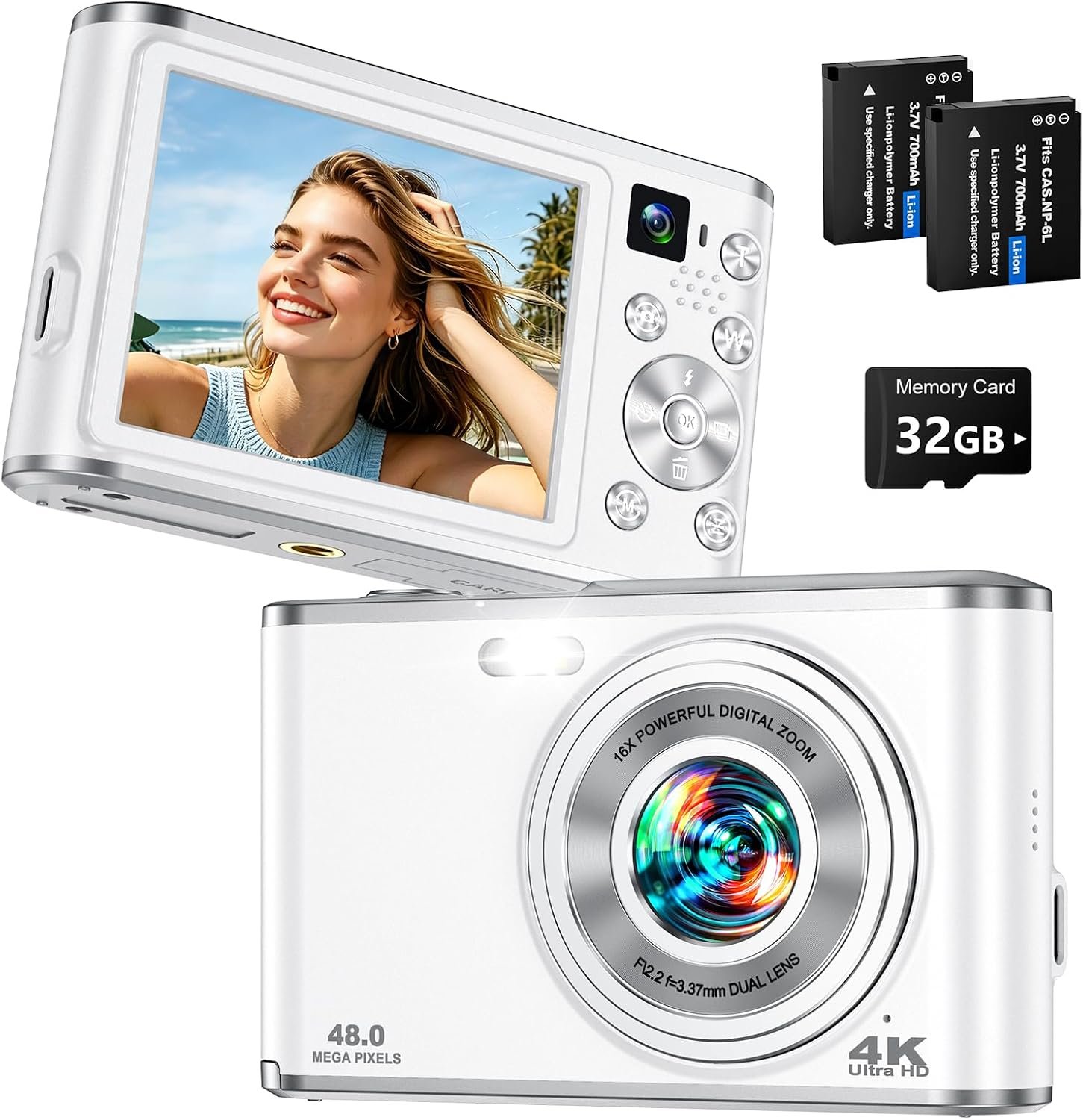 2026 Upgraded 4K Digital Camera for Photography & Vlogging, 48MP Compact Digital Camera with Autofocus, Dual Lens Selfie Camera, 16X Zoom Portable Vlogging Camera for YouTube for Beginners, 32GB Card