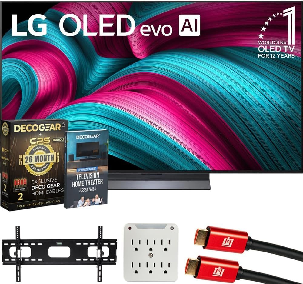 LG 55″ C5 OLED evo 4K UHD Smart webOS TV (2025) Bundle with CPS Exclusive 26 Month Protection, 2X HDMI Cable, Wall Mount, 6-Outlet Surge Adapter & Deco Gear Complete Home Theater Beginner′s Guidebook
