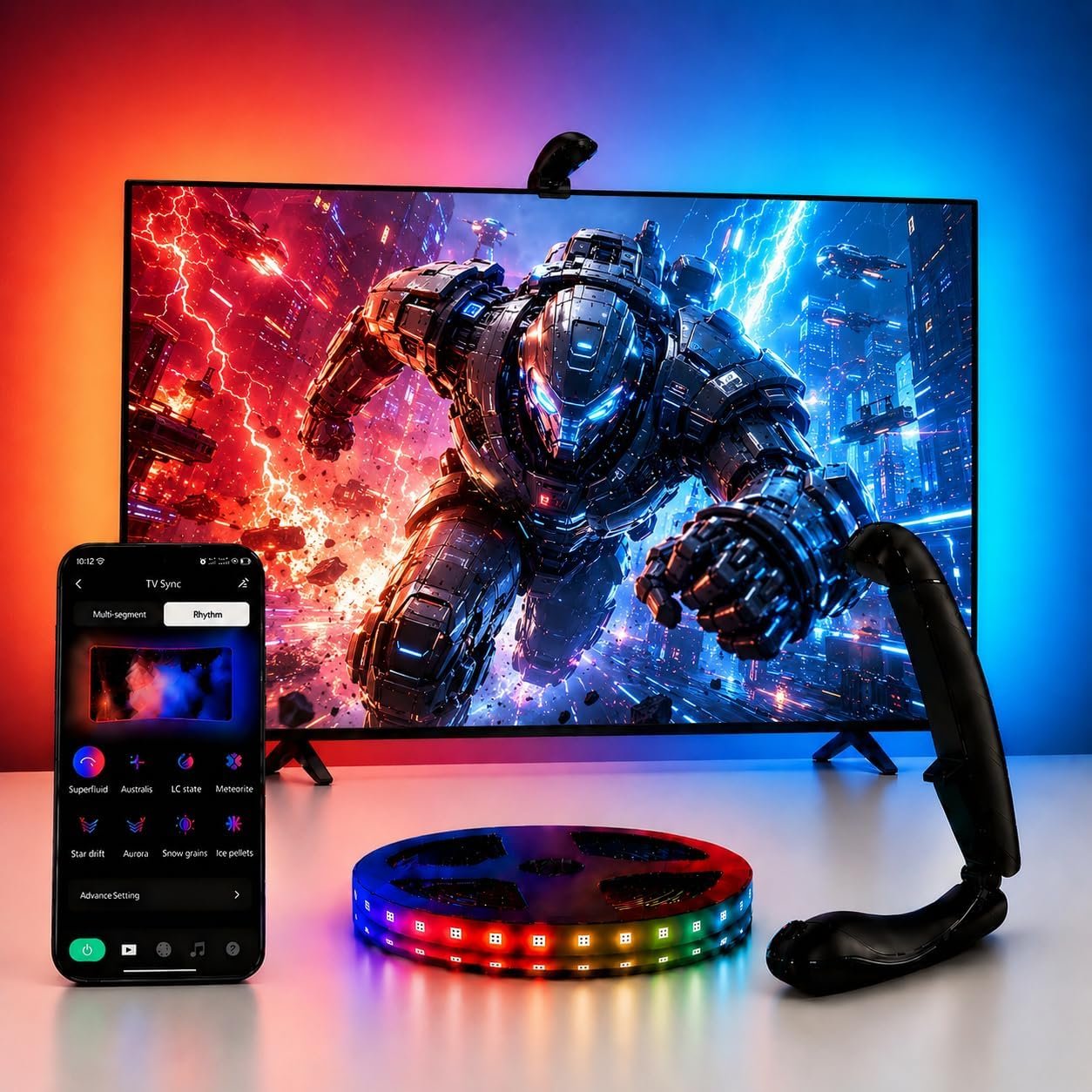 TV Backlight Sync to Screen with Sensor, 18ft RGB LED Light Strip for 75-85” Monitor, Smart App Control, Game & Music Sync Color Lighting