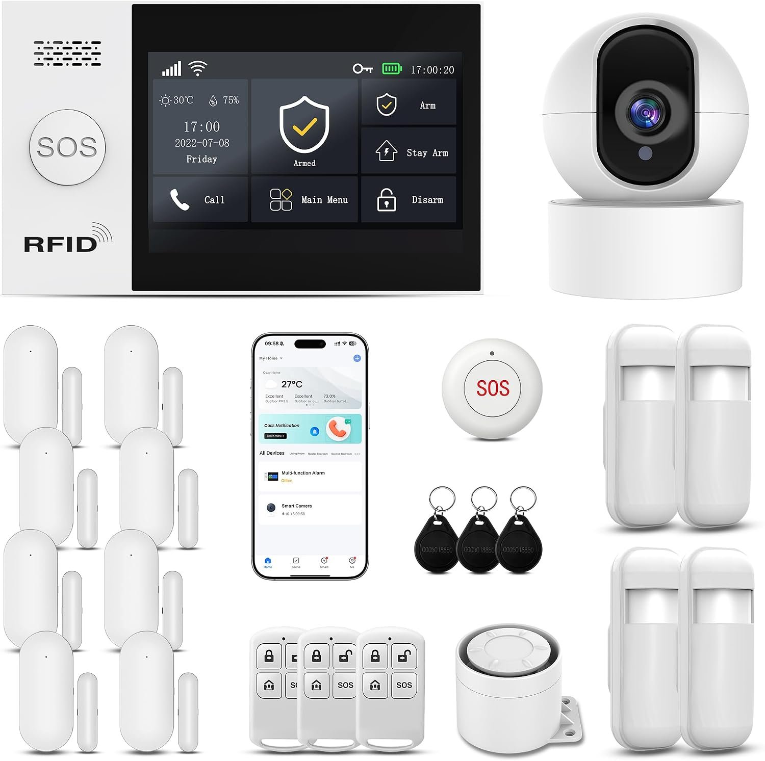 Alarm System for Home Security,22-Pcs 4.3In Touch Screen Hub with 2K HD Camera Home Security System Kit,SOS Button,Window Alarms, Remotes,APP Control,Compatible with Alexa,No Monthly Fees
