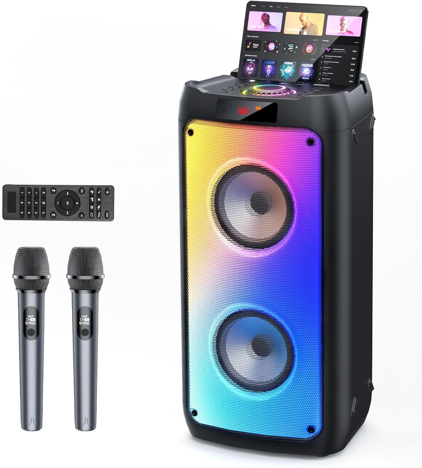 HWWR Karaoke Machine with 2 Wireless Microphones, Portable Bluetooth Speaker for Adults, Big Party PA System with Disco Lights for Gatherings, Support TWS/TF Card/USB/AUX/TVs Connected, Stage Monitors