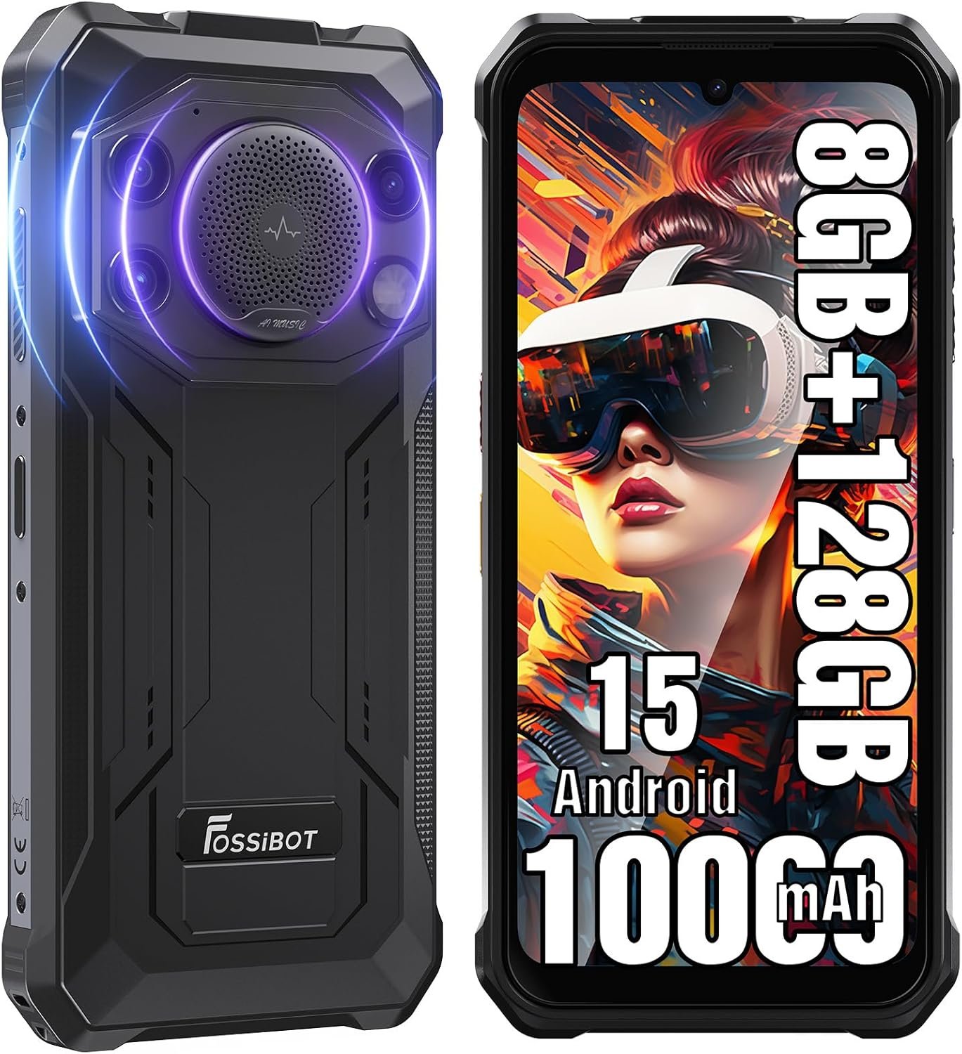 FOSSIBOT F110L 8GB+128GB+2TB Rugged CallPhone Unlocked,10000mAh Android 15 Smartphone,128dB Loud Volume Phone, 6.745″ 50MP Camera Waterproof Phone Dual SIM/Camping Light (2026 Black)