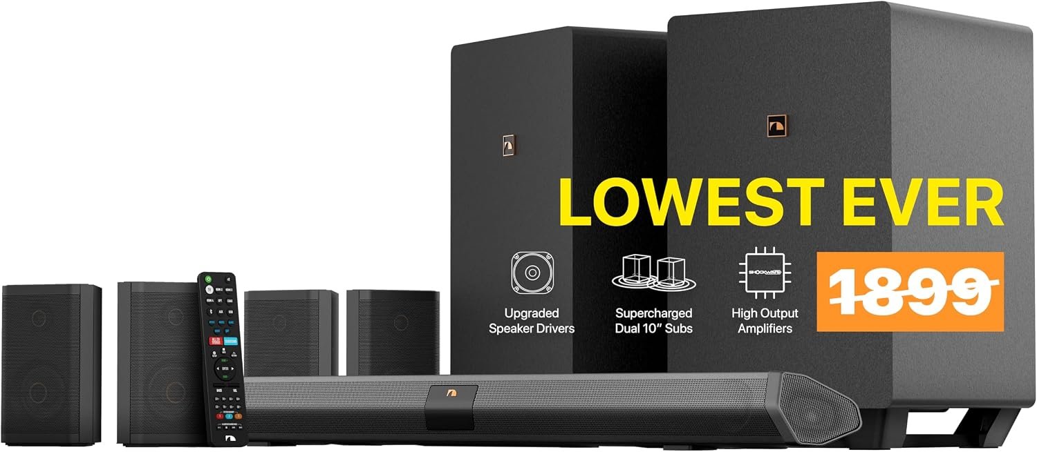 Nakamichi Shockwafe Ultra 9.2.4 Channel Soundbar System with Dolby Atmos/DTS:X, Dual 10″ Subwoofers, 4 Rear Surround Speakers, 1300 Watts Max Output Power