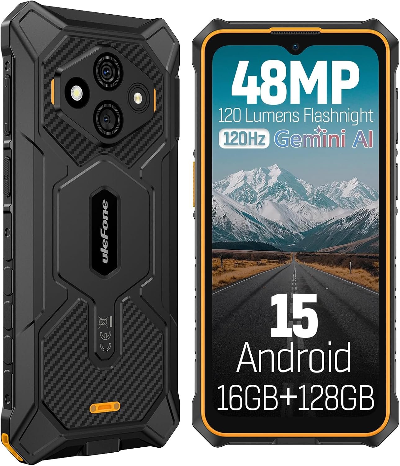 Ulefone RugKing 3 Pro Rugged Phone Unlocked, Octa-core 16GB+128GB/2TB, Android 15, 6.56″ 120Hz, 48MP+2MP+8MP, 5600mAh, IP69K & IP68 Proof, Water-Lock, Dock Charging, Al Assistant(Gemini), Orange