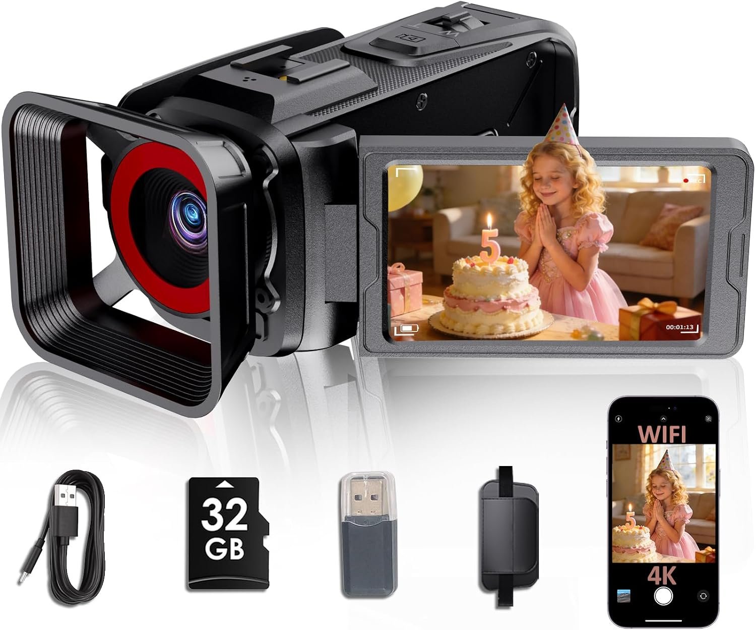 1080P Native Video Camera, 4K Enhanced for YouTube Vlogging, 64MP Camcorder with 3” Flip Screen, 18X Zoom, WiFi, Webcam, 32GB SD Card, 2500mAh Battery (Black)