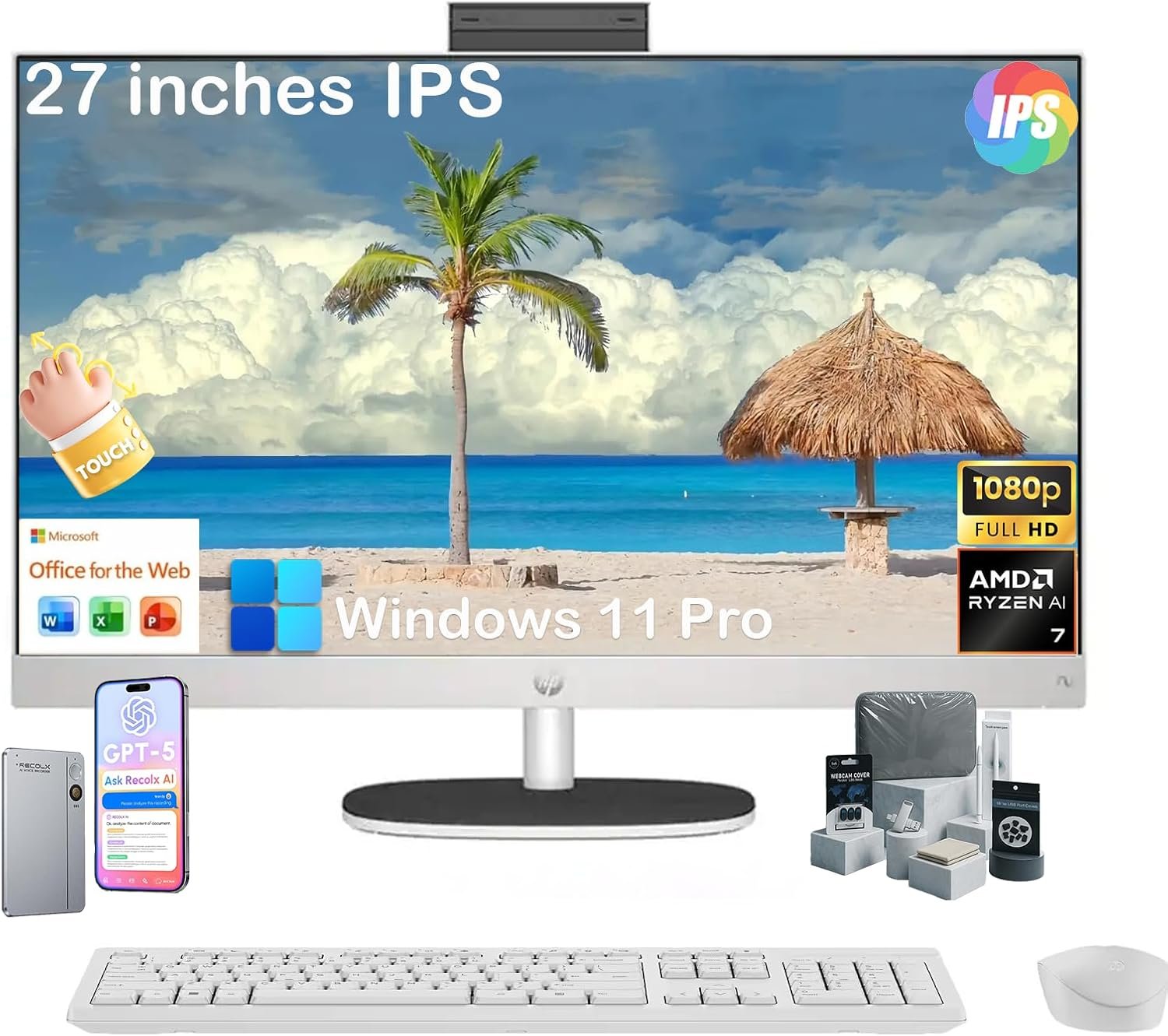 HP 27″ Touchscreen All-in-One Desktop Computer, AMD Ryzen AI 7 350 (Up to 5.0GHz), 32GB DDR5 RAM, 2T SSD, FHD IPS Display, WiFi6, Bluetooth 5.4, Windows 11 Pro, Copilot+ AI PC, KB & Mouse, Accessories