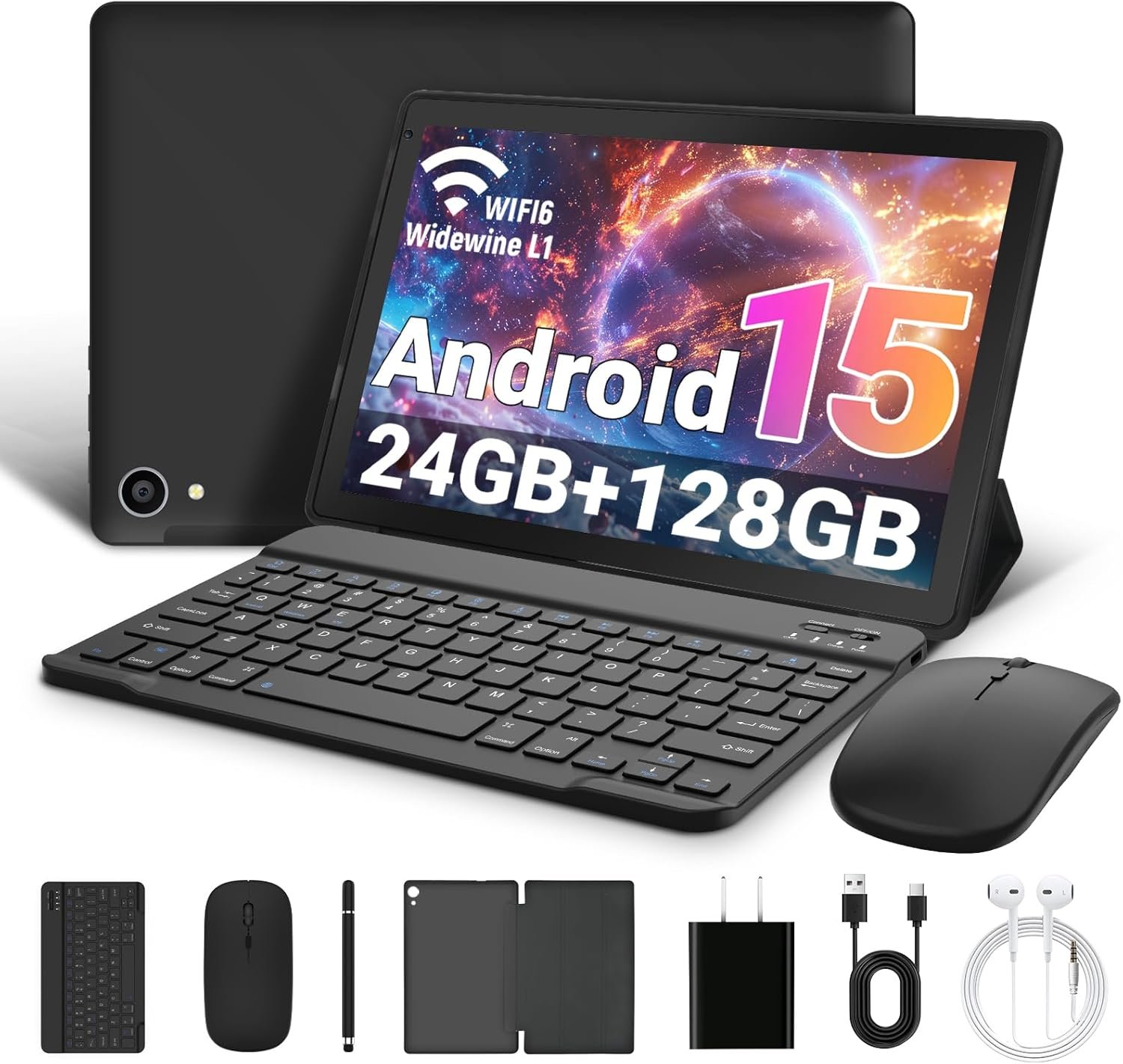 Gleeso Tablet 10 Inch Android 15 with Octa Core, 24GB+128GB+1TB Expand, 5000mAh, WiFi 6 Bluetooth 5.4, Widevine L1, 8MP+5MP Dual Camera, Type-C Fast Charging, 2 in 1 Tablet with Keyboard-Black