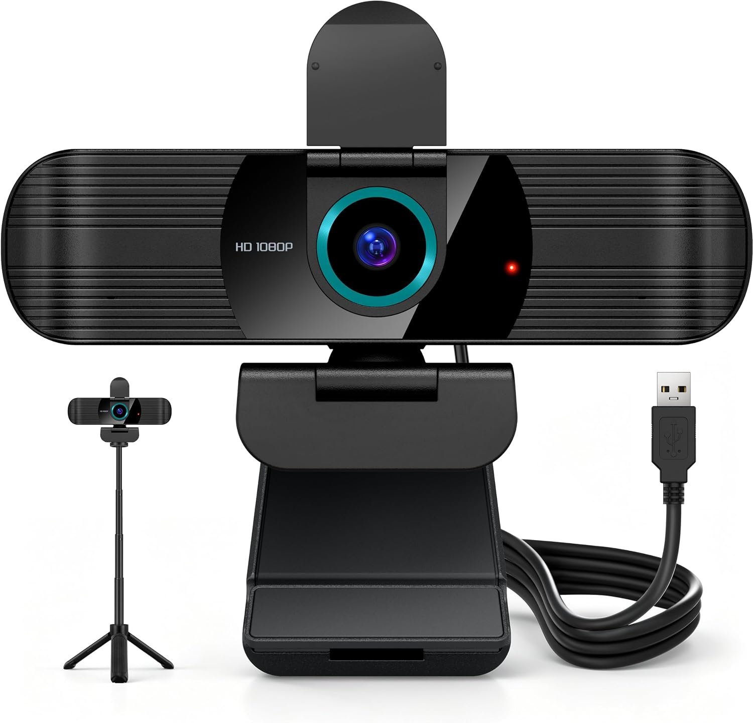 Pro HD 1080p/30fps Webcam with Tripod, External USB Camera for PC/Laptop | Dual noise-cancelling mics | Auto-focus | Wide-angle | Low-light correction | 360° rotation | CMOS sensor | Plug and Play