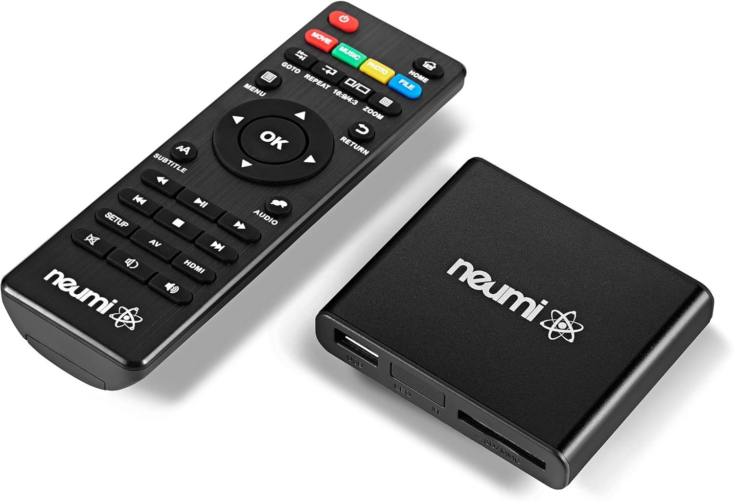 NEUMI Atom 1080P Full-HD Digital Media Player for USB Drives and SD Cards | HEVC H.265 decoding, HDMI and analog AV output, automatic playback, looping, trigger capability for signage