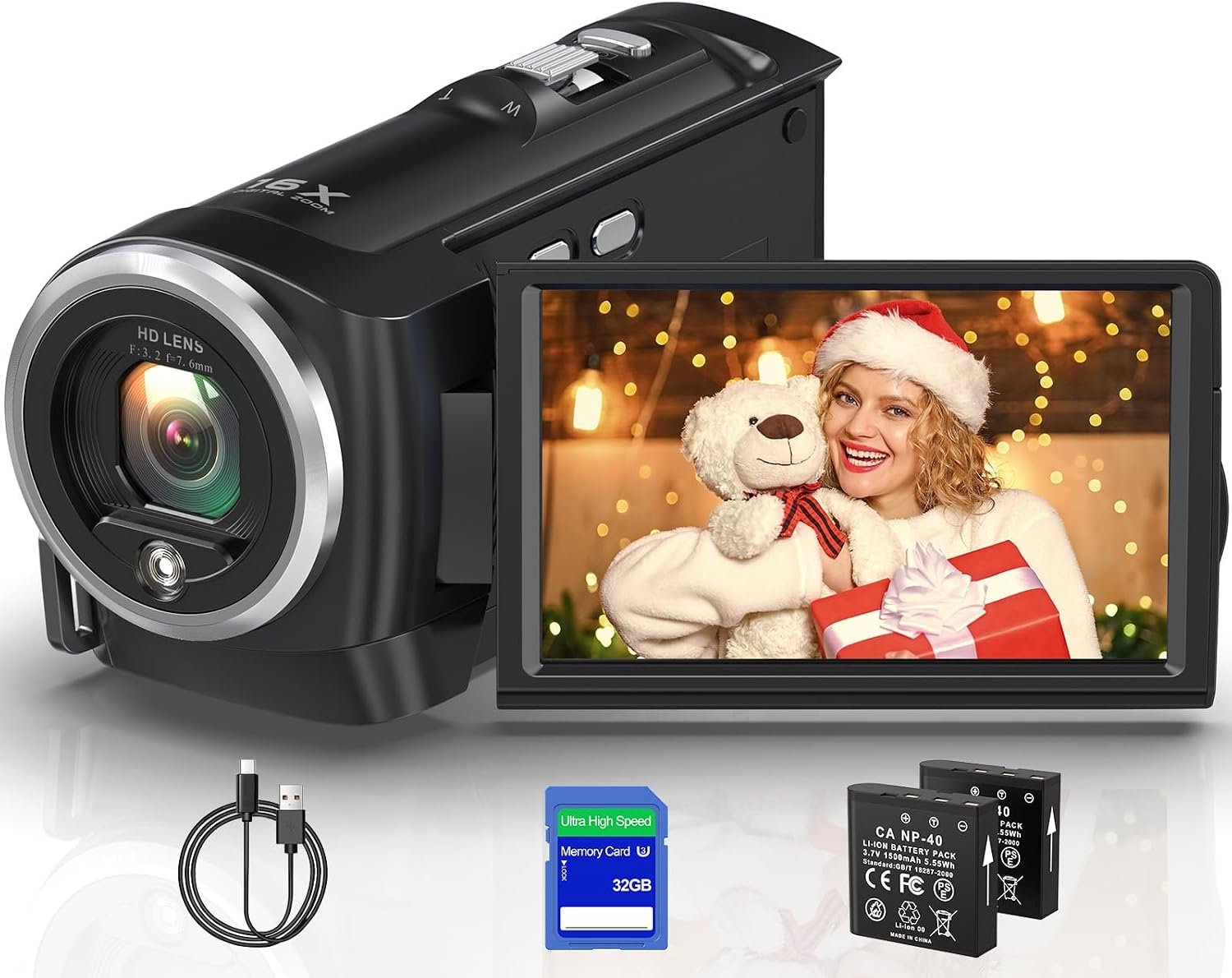2.7K Video Camera Camcorder QHD 56MP YouTube Vlogging Camera Recording While Charging Webcam 16X Digital Zoom with 32G SD Card 270 Degree Rotation Screen Camcorders and 2 Batteries