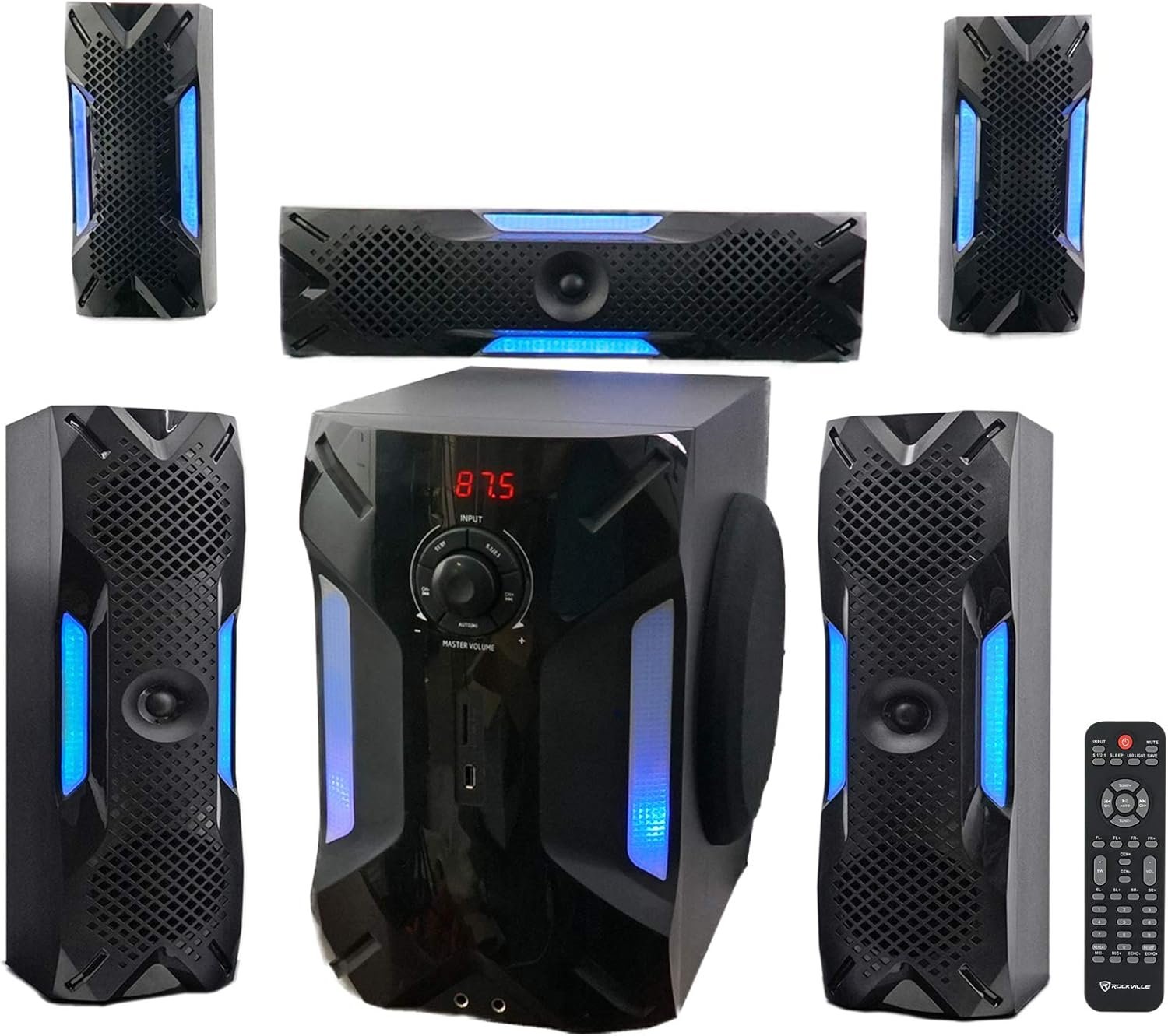 Rockville HTS56 1000W 5.1 Channel Home Theater System, Bluetooth, USB, 8″ Subwoofer, LED Light Effects, Remote Control, Optical Input, for Movies, Music & Karaoke | 1000W Peak/250W RMS, USB/SD Inputs, Optical TV Input, Karaoke Mic Inputs, LED Light Effects, 5-Band EQ