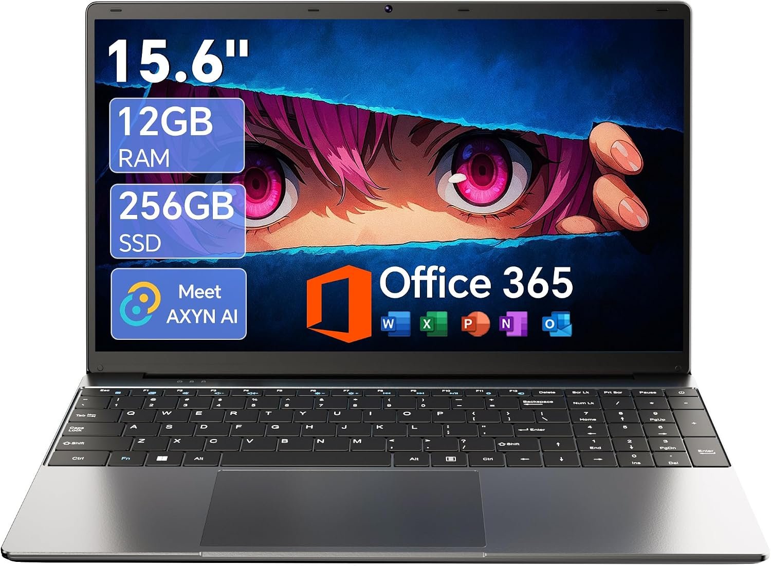 15.6 Inch Laptop with AI, Office 365, 12GB RAM 256GB SSD, Quad-Core Processor, Win 11 Home Laptops Computer, IPS FHD, 180°Viewing, Type-C, WiFi 5, BT4.2, Portable Thin Laptops – Gray