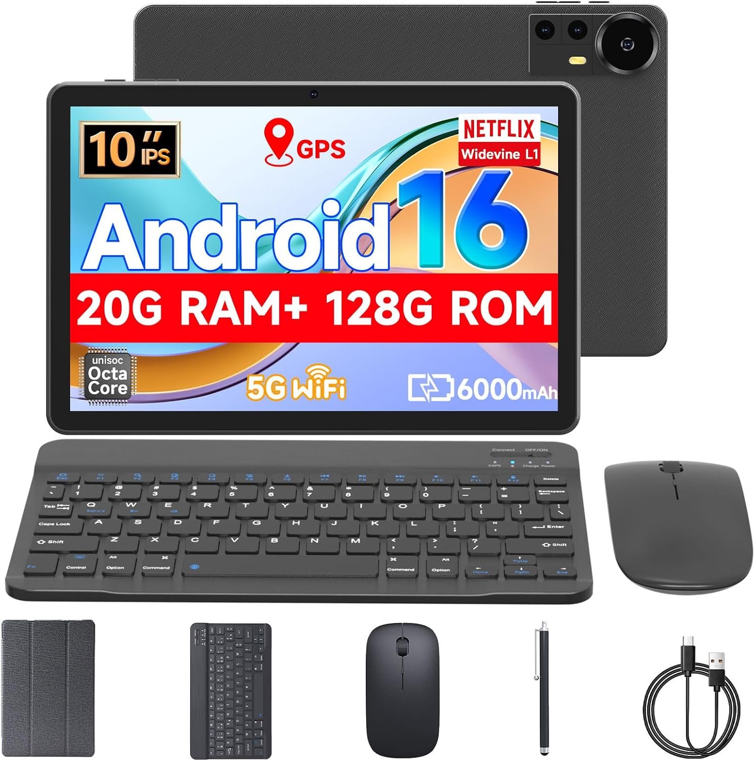 Tablet 10.1Inch Android 16.0, RAM 20GB(4+16Expand)+ROM 128GB, 6000mAh Battery, 2+8MP Dual Camera, 1280*800 IPS HD Touch Screen Tab PC Set with Keyboard+Mouse+Protective Case+Stylus (Black)