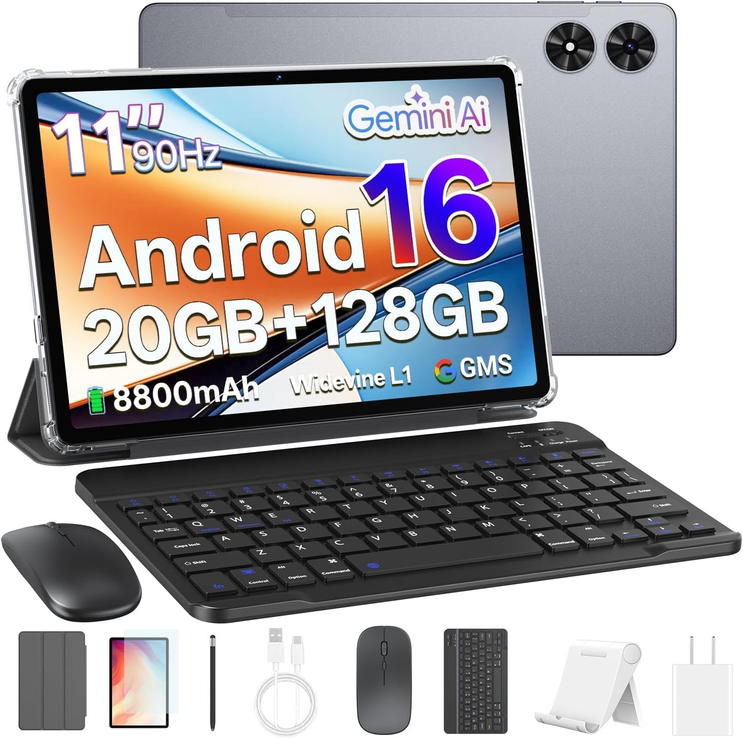 11 inch Android 16 Tablet with Keyboard, Mouse & Stylus, Gray | 20GB RAM 128GB ROM, Octa-Core Gemini AI, 13MP Camera, 8800mAh Battery, Wi-Fi 6, Widevine L1