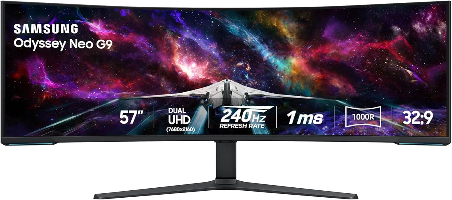 Samsung 57″ Odyssey Neo G9 (G95NC) Series Dual 4K UHD 1000R Curved Gaming Monitor, 240Hz, 1ms with DisplayPort 2.1, Quantum Mini-LED, DisplayHDR 1000, AMD FreeSync Premium Pro, LS57CG952NNXZA