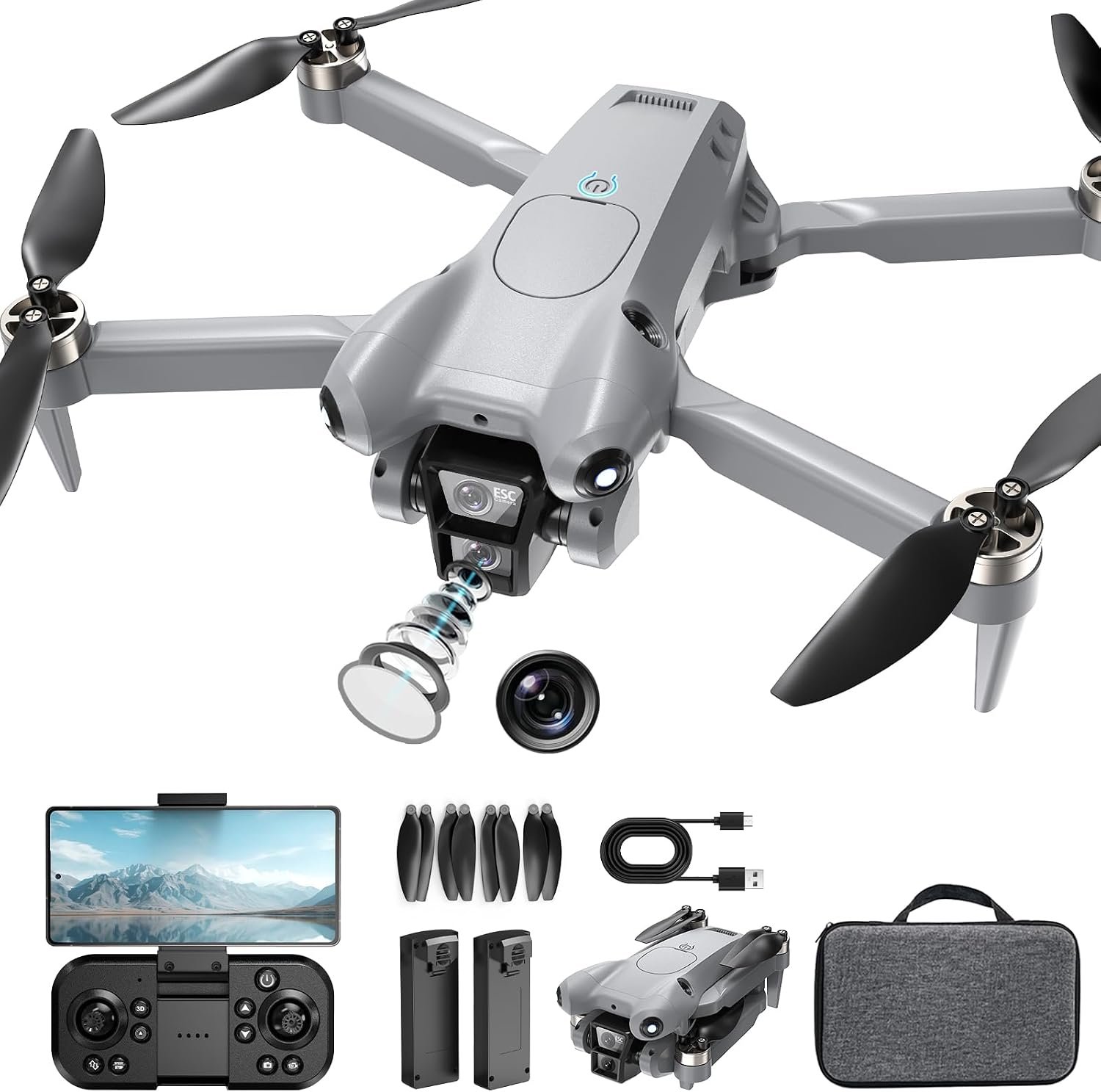 PRO Drone with Camera for Adults 4K,Brushless Motors Drone for Kids Beginners,40mins Flight Time with 2 Batteries,FPV Foldable RC Quadcopter,Toys Gifts for Teen Boys Girls, Beginner（Grey）
