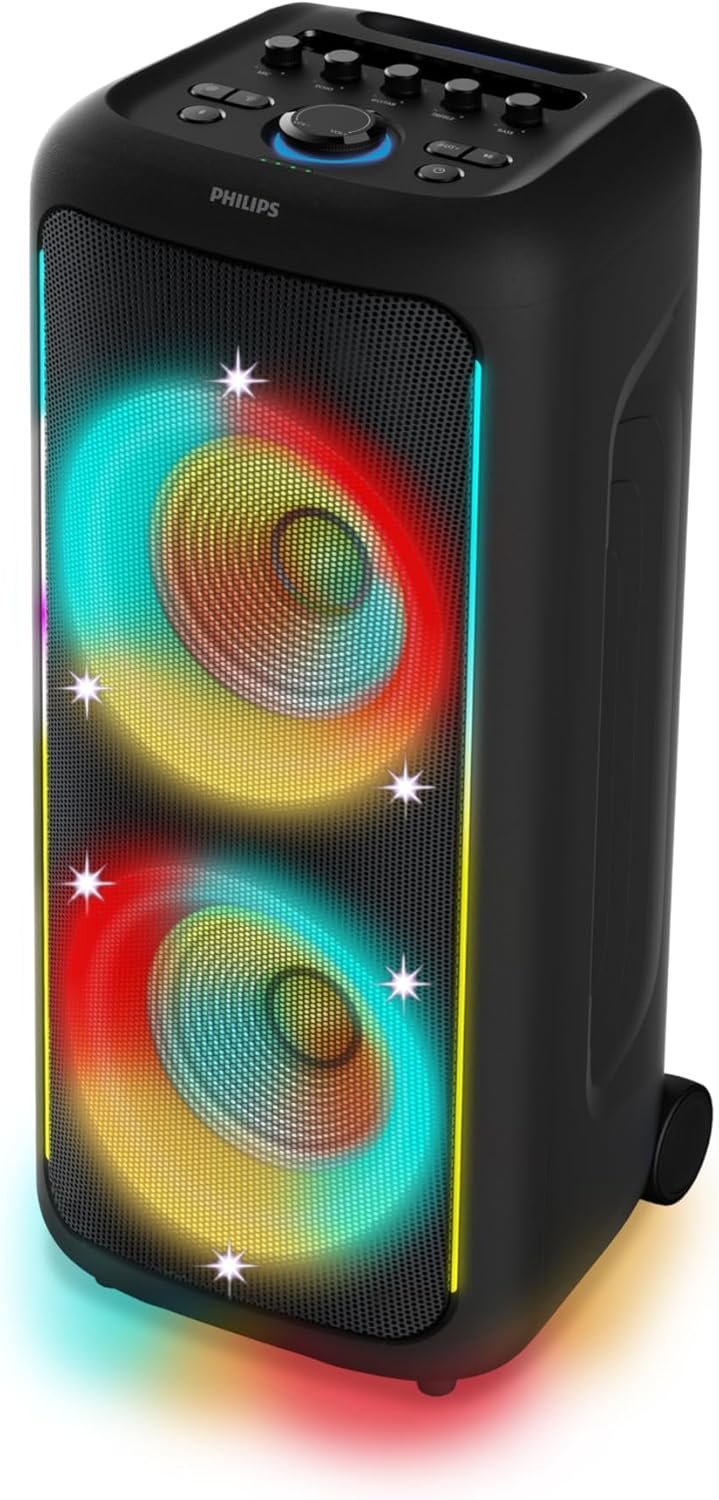 Philips TAX5000 Bluetooth Party Speaker – 14 Hours Play Time, Bass+, Full-Speaker LIghtshow, Built-in Carry Handle and Wheels, 200W Max Power, Black