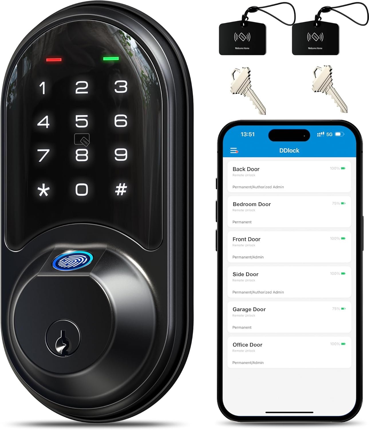 Veise RZ07 Fingerprint Smart Lock, 7-in-1 Smart Locks for Front Door, Keyless Entry Door Lock with App Control & Auto-Lock, Biometric Electronic Touchscreen Keypad Deadbolt, Matte Black