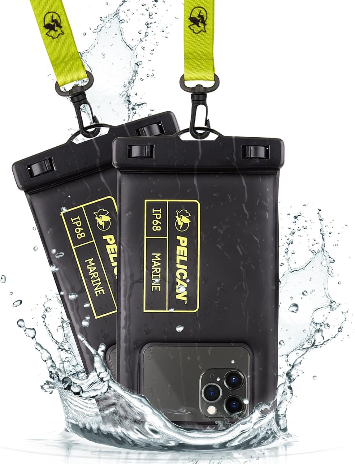 Pelican 2 Pack Marine Waterproof Phone Pouch (Regular) -Black/Hi-Vis Yellow | Touchscreen IP68 Floating Waterproof Phone Case w/Detachable Lanyard – Fits All Phones – Beach Cruise Ship Travel Essentials