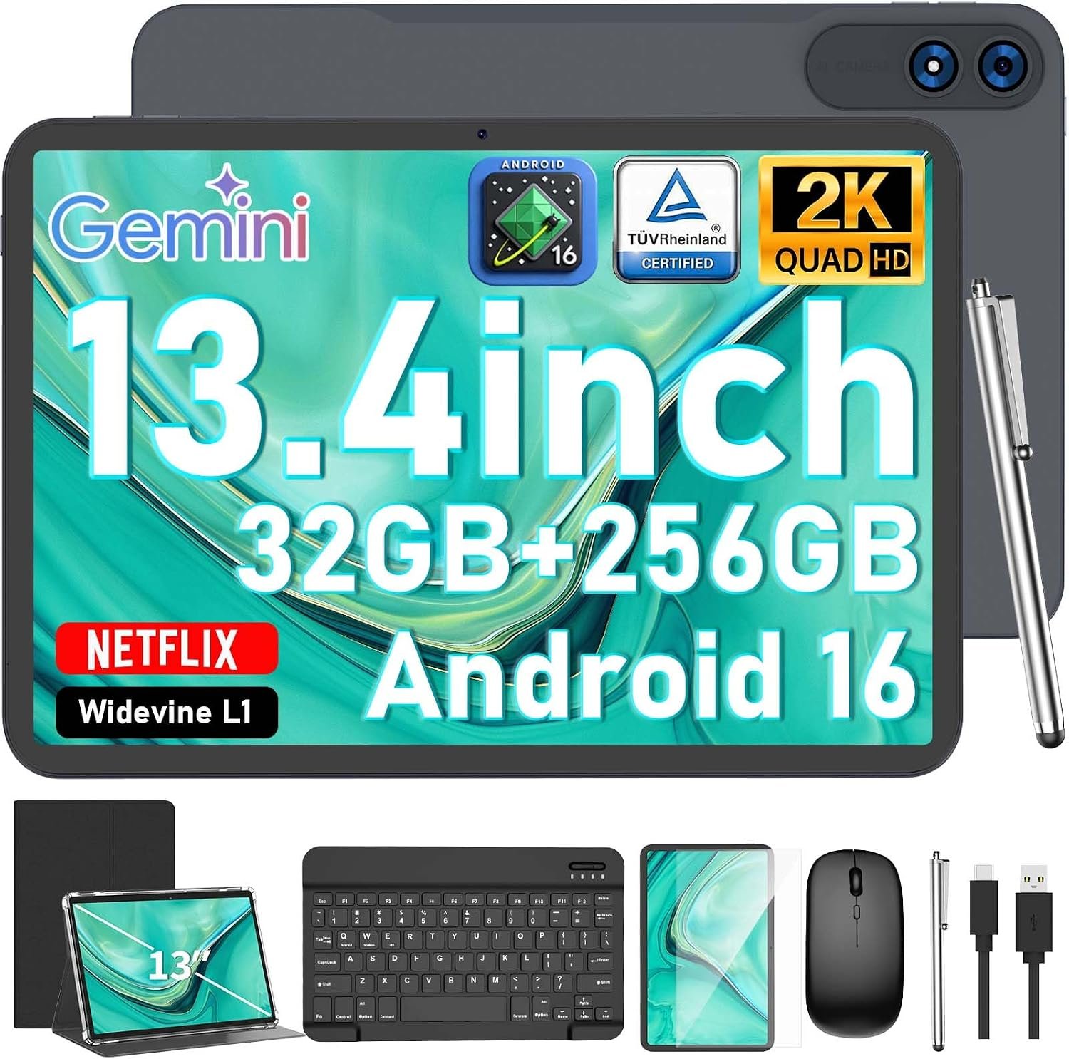 13 Inch Tablet with Keyboard, Android 16 Tablet, 32GB+256GB+2TB Expand, 1920×1200 IPS Display, Gemini AI, 10000mAh, 8-Core, Wi-Fi, GPS, Large Screen Tablet PC with Case, Mouse, Stylus(Black Case)