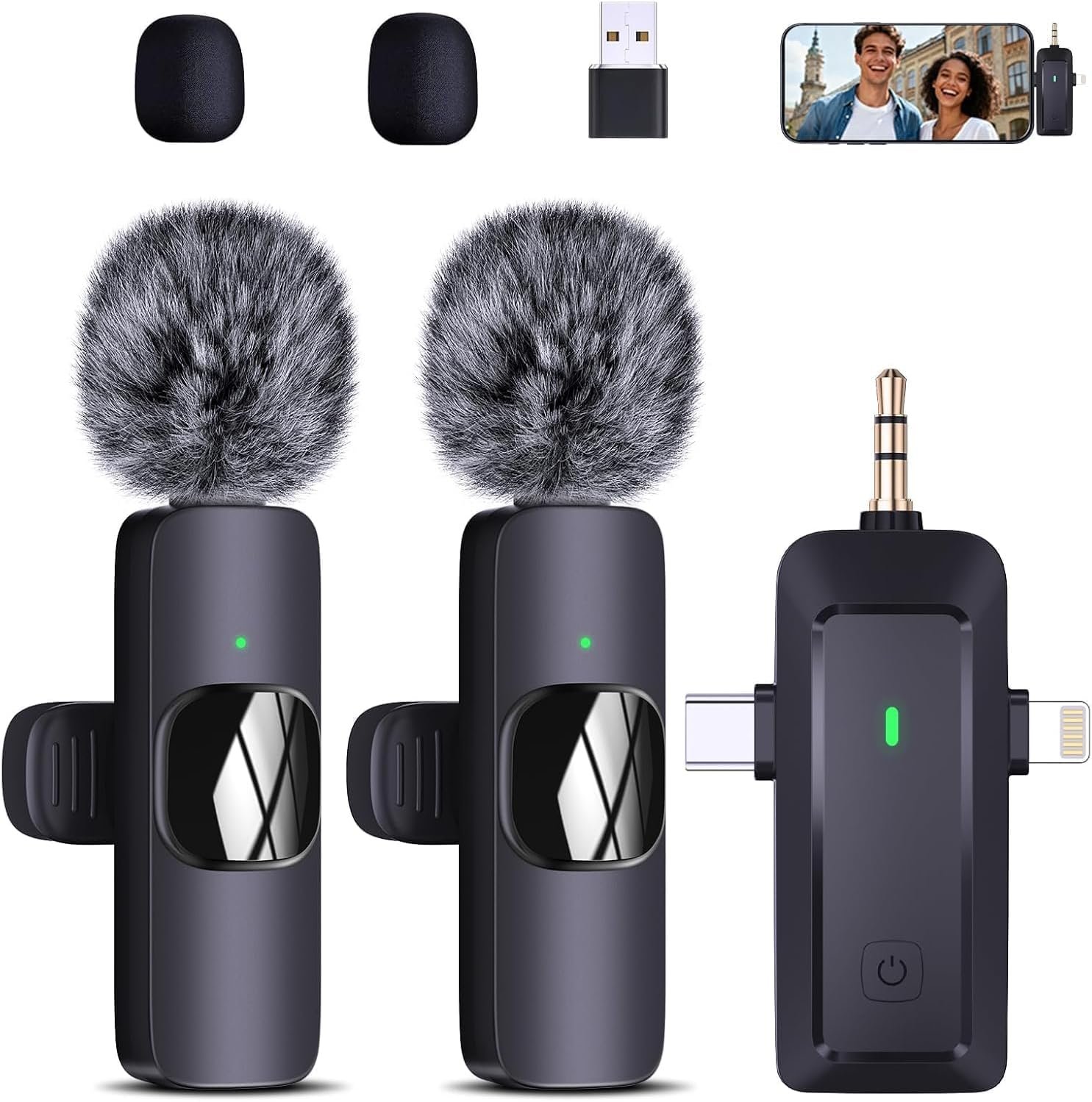 wireless lavalier microphone, suitable for iPhone/Android phones/cameras/computers/four in one lavalier microphone, suitable for video and audio recording, TikTok, etc., with microphone Bags, black