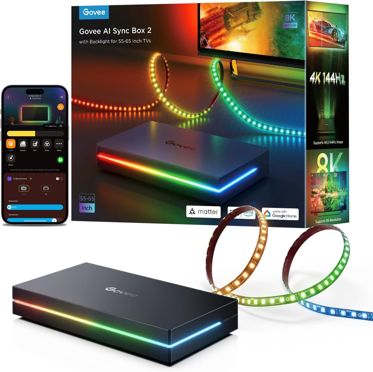 Govee HDMI 2.1 Sync Box 2, AI Sync Box with TV Backlight, Supports 8K@60Hz, 4K@144Hz, VRR and ALLM, Works with SmartThings, Matter and Alexa, RGBIC LED Light Strip for 55-65 inch TVs, 75 LEDs/m