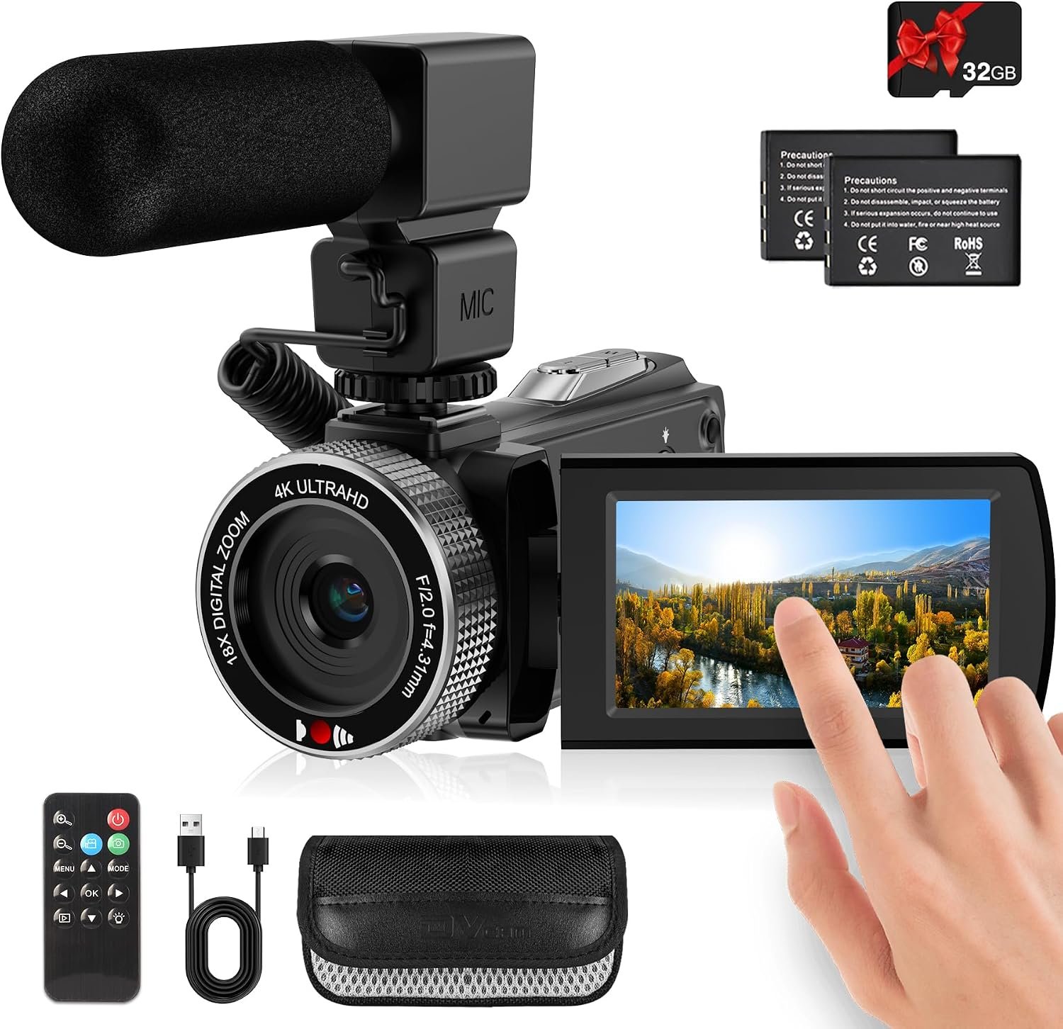 Video Camera Camcorder Full HD 4K 48MP Vlogging Camera for YouTube Digital Camera Recorder Video Camera for Filming with 3.0″ Touch Screen,2 Batteries and 32G SD Card