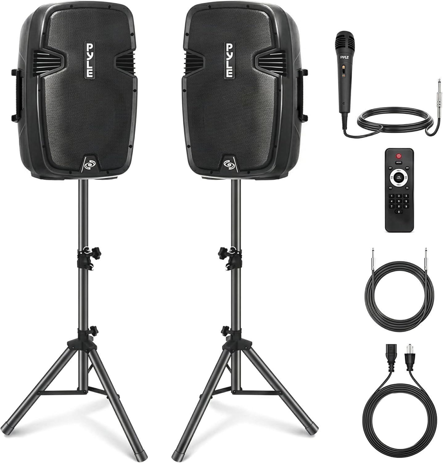 Wireless Portable PA Speaker System – 1800W High Powered Bluetooth Compatible Active + Passive Pair Outdoor Sound Speakers w/ USB SD MP3 AUX – 35mm Mount, 2 Stand, Microphone, Remote – Pyle PPHP1249KT