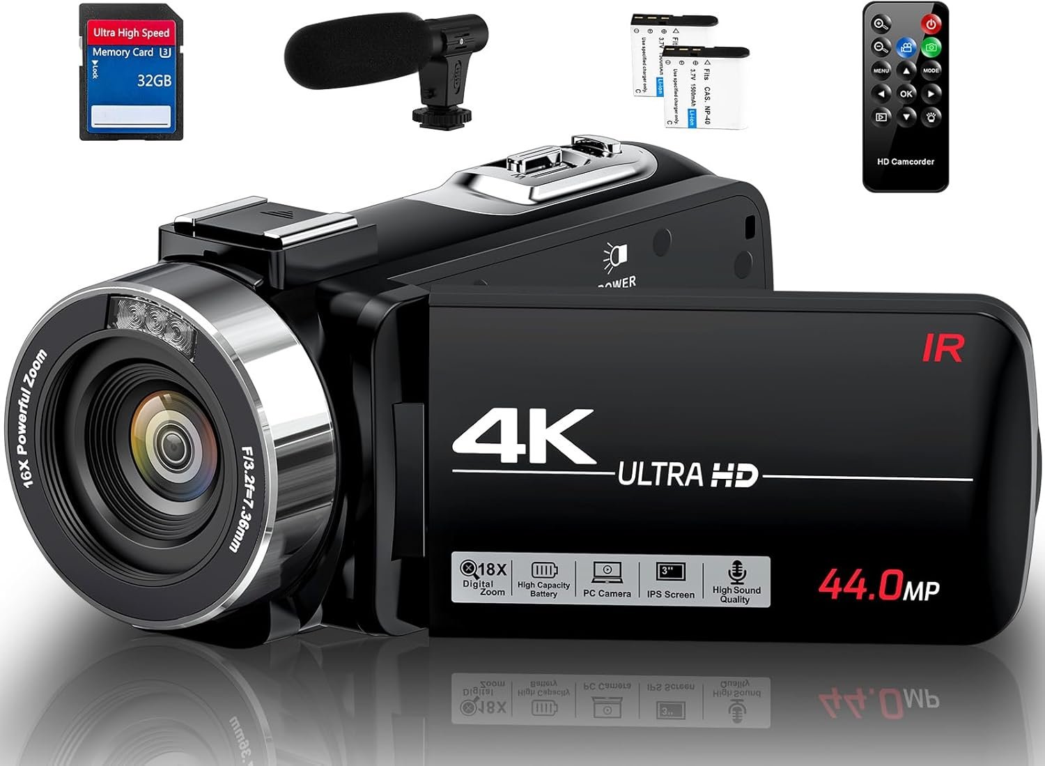4K Video Camera Camcorder Ultra HD 44MP Vlogging Camera for YouTube 18X Digital Zoom 3.0″ IPS 270° Screen IR Night Vision Camcorder Recorder with 32GB SD Card, Remote Control and 2 Batteries
