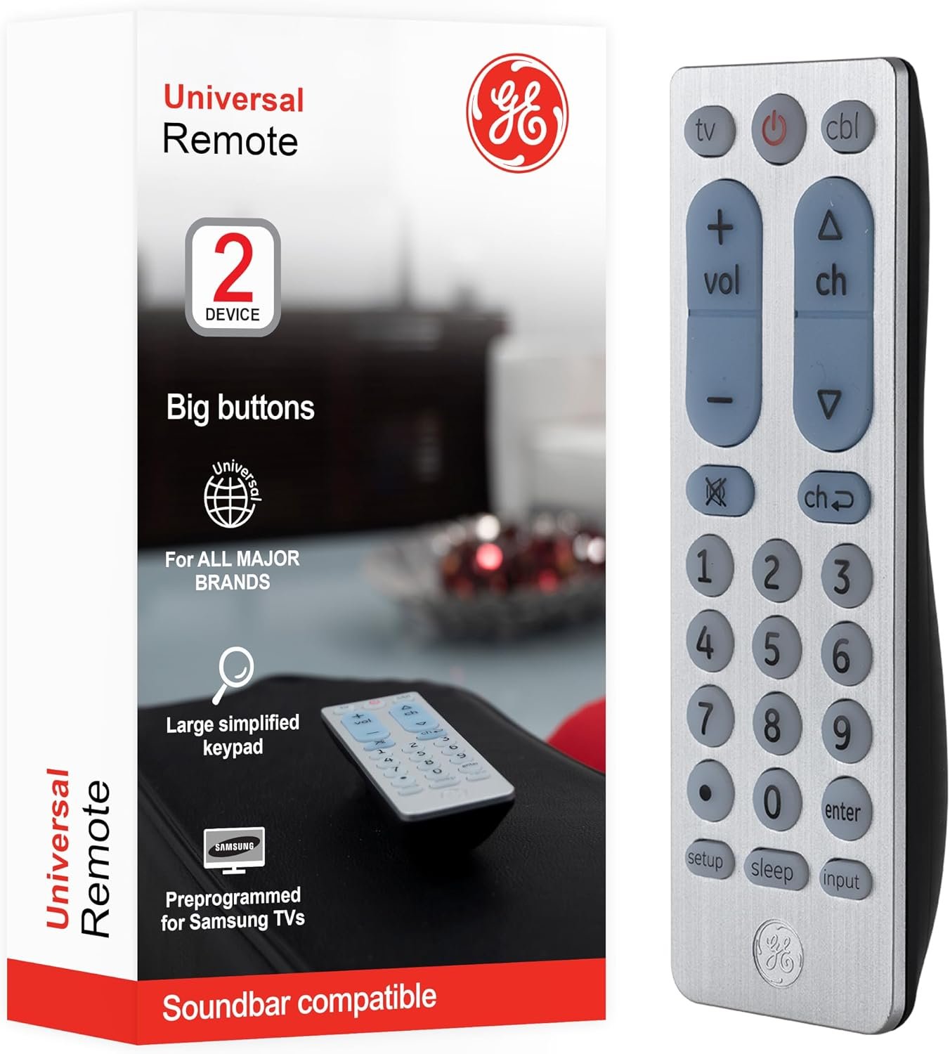 GE Big Button Universal Remote Control for Samsung, Vizio, Lg, Sony, Sharp, Roku, Apple TV, TCL, Panasonic, Smart TVs, Streaming Players, Blu-Ray, DVD, 2-Device, Silver, 33701