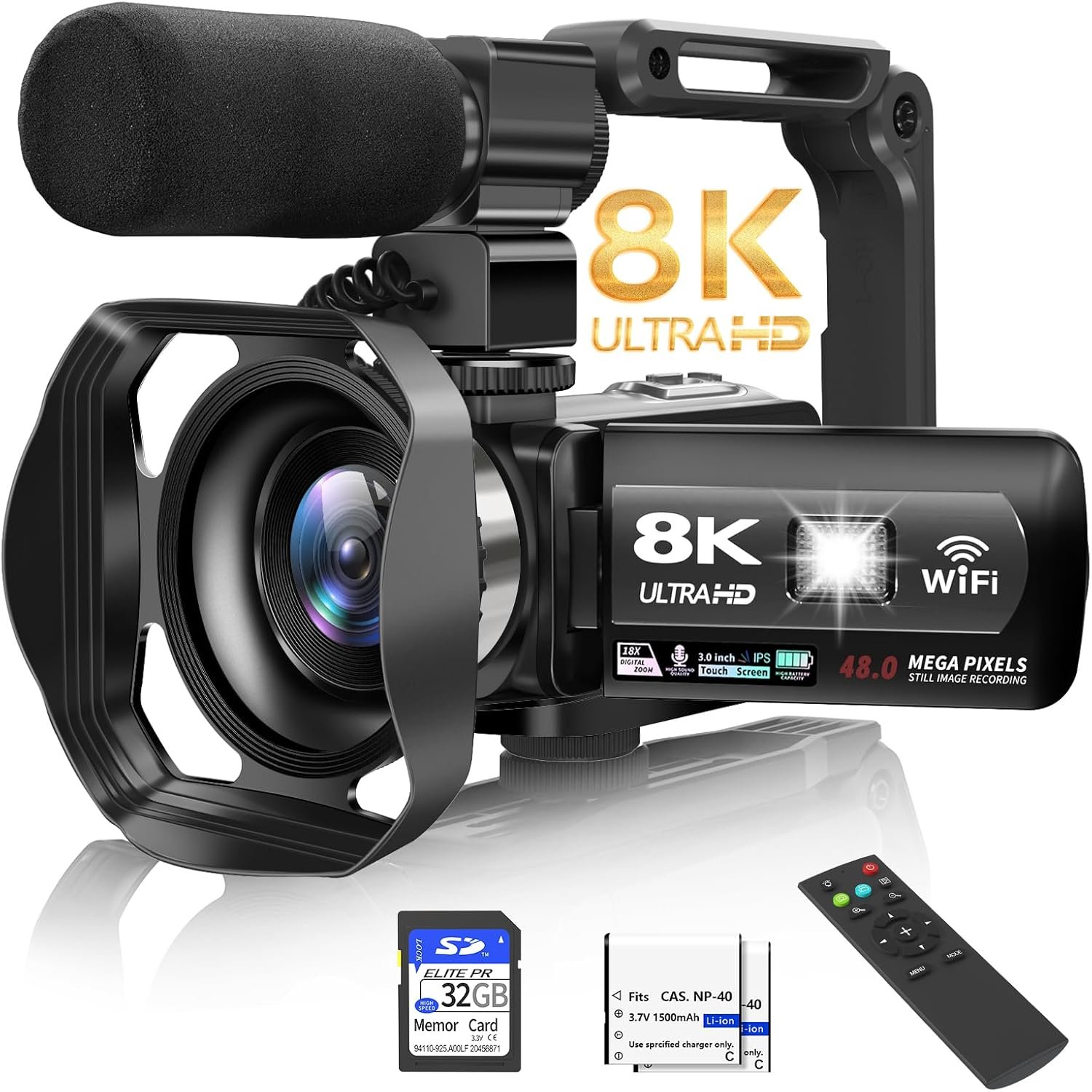 MURAUX Video Camera 8K Camcorder 48MP UHD WiFi Vlogging Camera for YouTube | 15FPS UHD Recording, WiFi Transfer, IR Night Vision, 18X Zoom, Fill Light, Mic, Stabilizer, Lens Hood, Remote, 2 Batteries