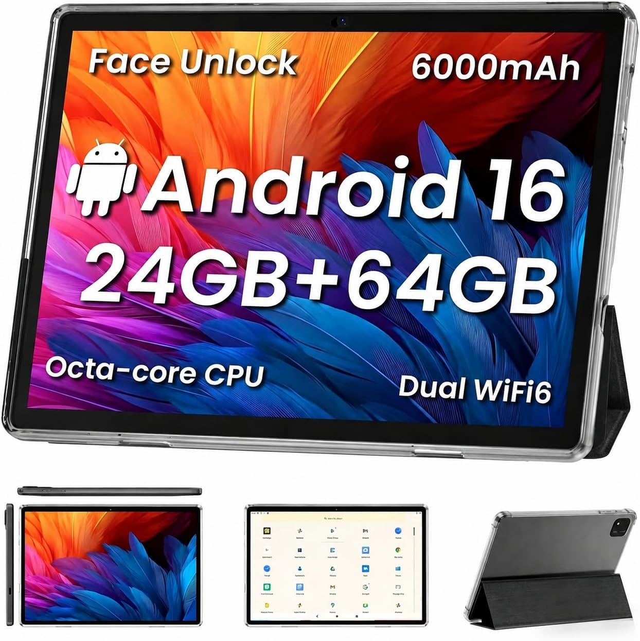 TUOHAITIME Android 16 Tablet,10 inch Tablets, Octa Core CPU, Black | 24GB+64GB+512GB Expansion, 1280×800 Display Screen, WiFi6, Dual Cameras, 6000mAh Battery, Widevine L1 Google Kids Space