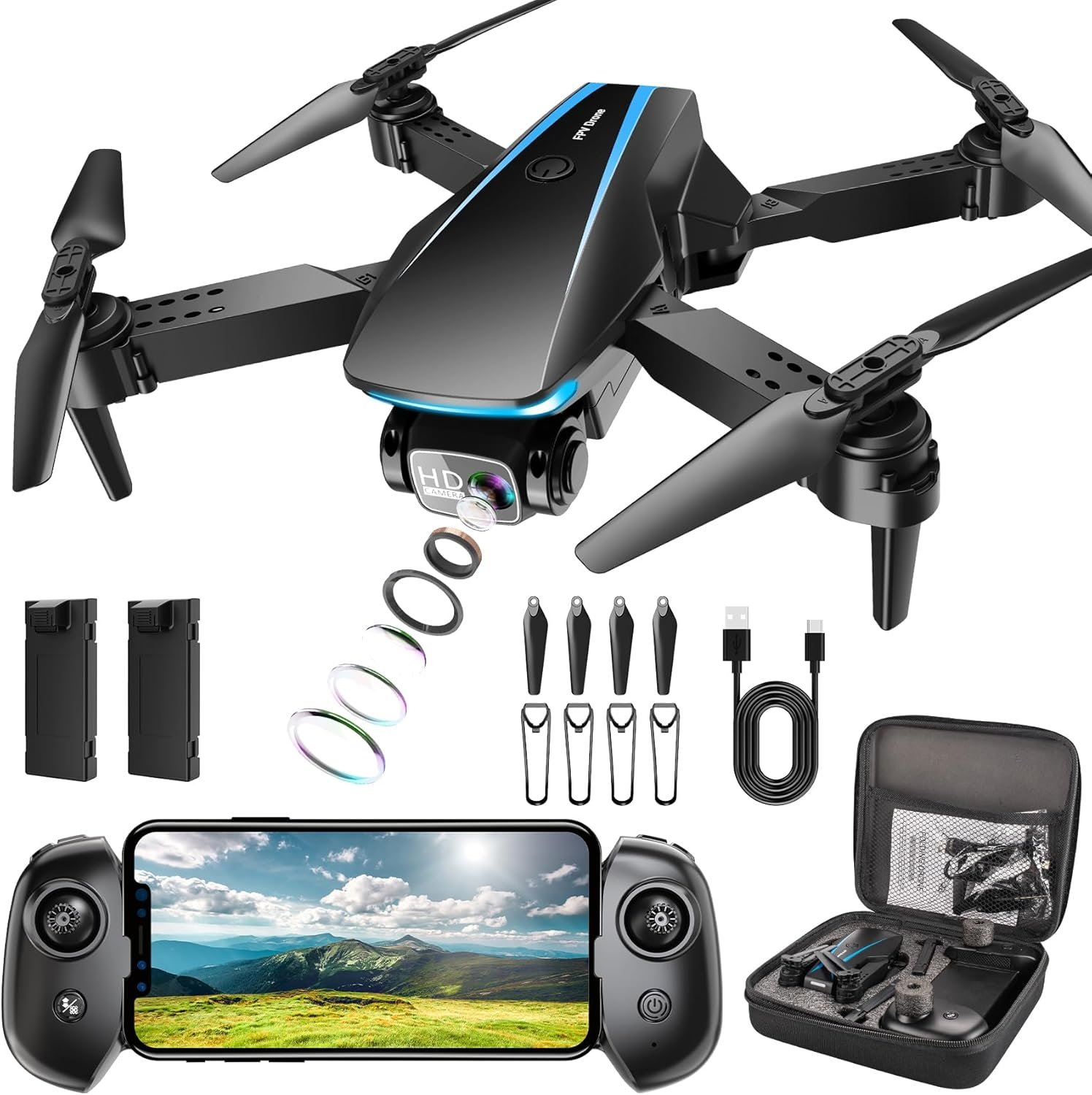 Oddire Drone with Camera – Drones for Adults, with 2 Batteries, Carrying Case, Propellers, 1080P HD Foldable Drone with Stable Hover, Trajectory Flight, Gravity Control, One Key Take Off/Land, 3D Flip