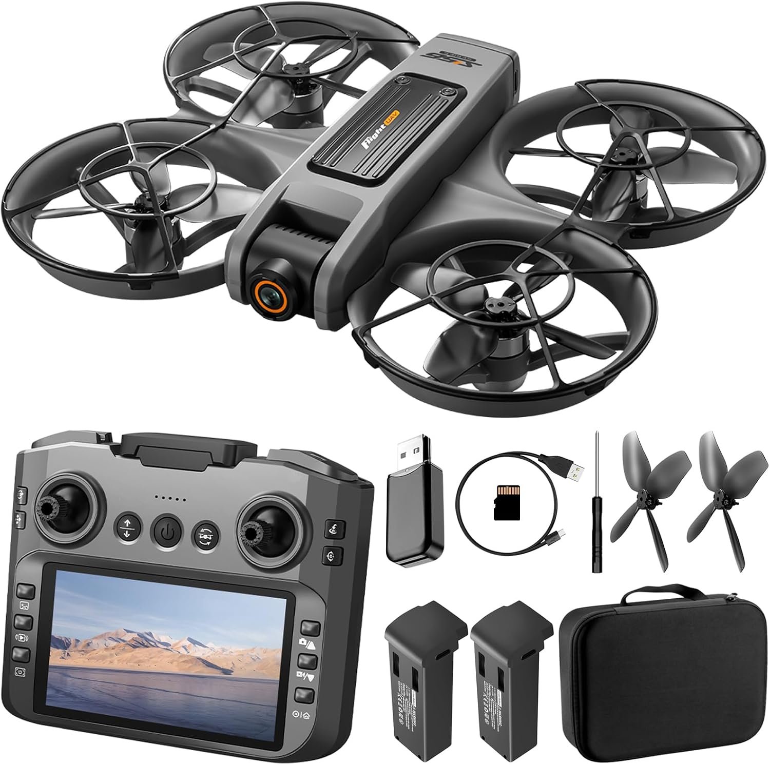 Drone with UHD Camera, Drone with Screen on Controller for Beginners, Remote Control Quadcopter with 2 Batteries, One Key Start, Easy to Fly, Altitude Hold, 3D Flips, Carrying Case （Dark Gray）