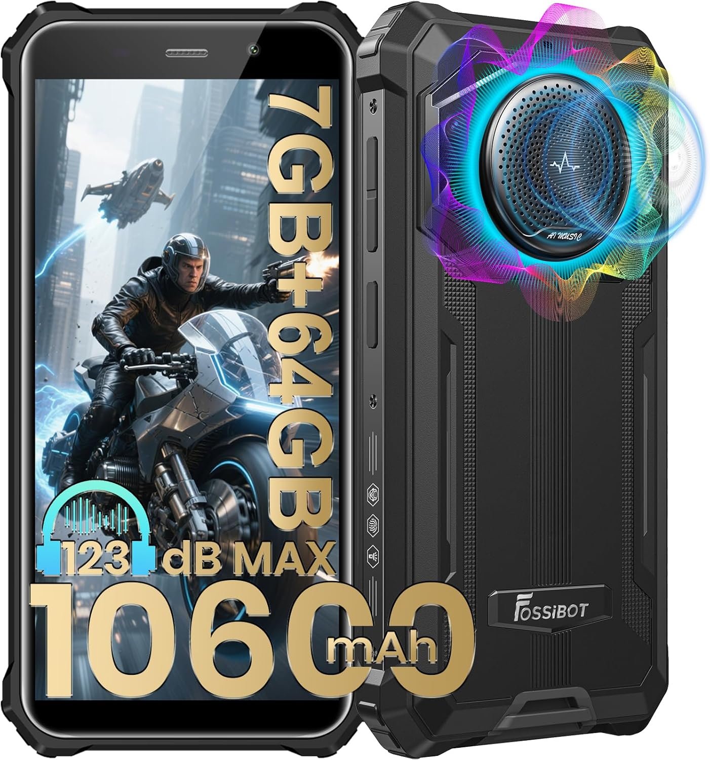 FOSSIBOT F101P Rugged Phone Unlocked 5.45″(2026), 10600mAh Unlocked Phone 123dB Loud Volume Phone, 7GB+64GB/1TB, 24MP Camera Waterproof Smartphone 4G Dual SIM/OTG/2Ghz Octa-core (Black)
