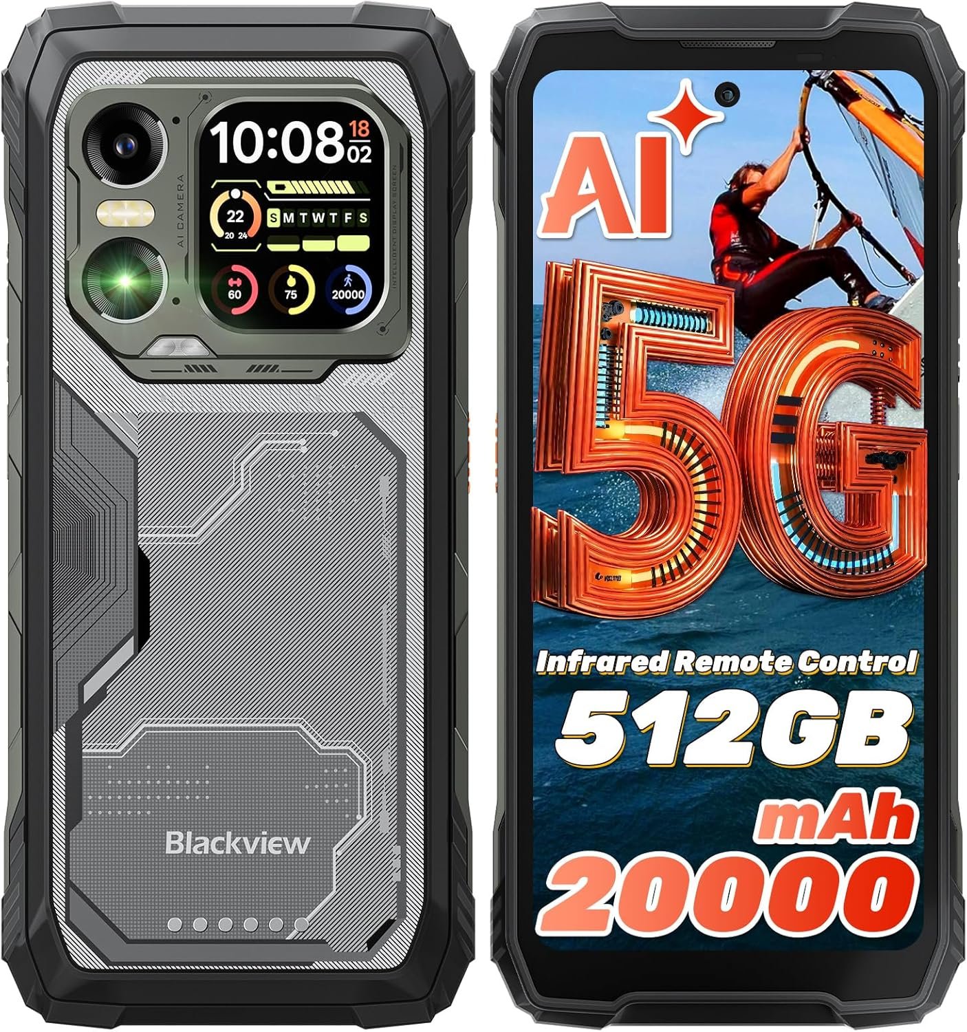 Blackview XPLORE 1 AI 5G Rugged Phone, 48GB+512GB/TF 2TB 20000mAh Battery Android 15, 6.78″ 2.4K 120Hz Large Rugged Smartphone Unlocked, 64MP+20MP Night Vision IP69K Waterproof Dual SIM NFC/OTG/WiFi